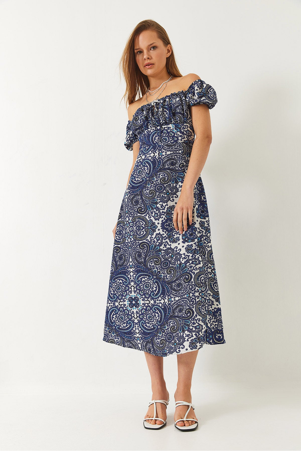 Women's Tie Collar Slit Detailed Patterned Midi Dress 60261478