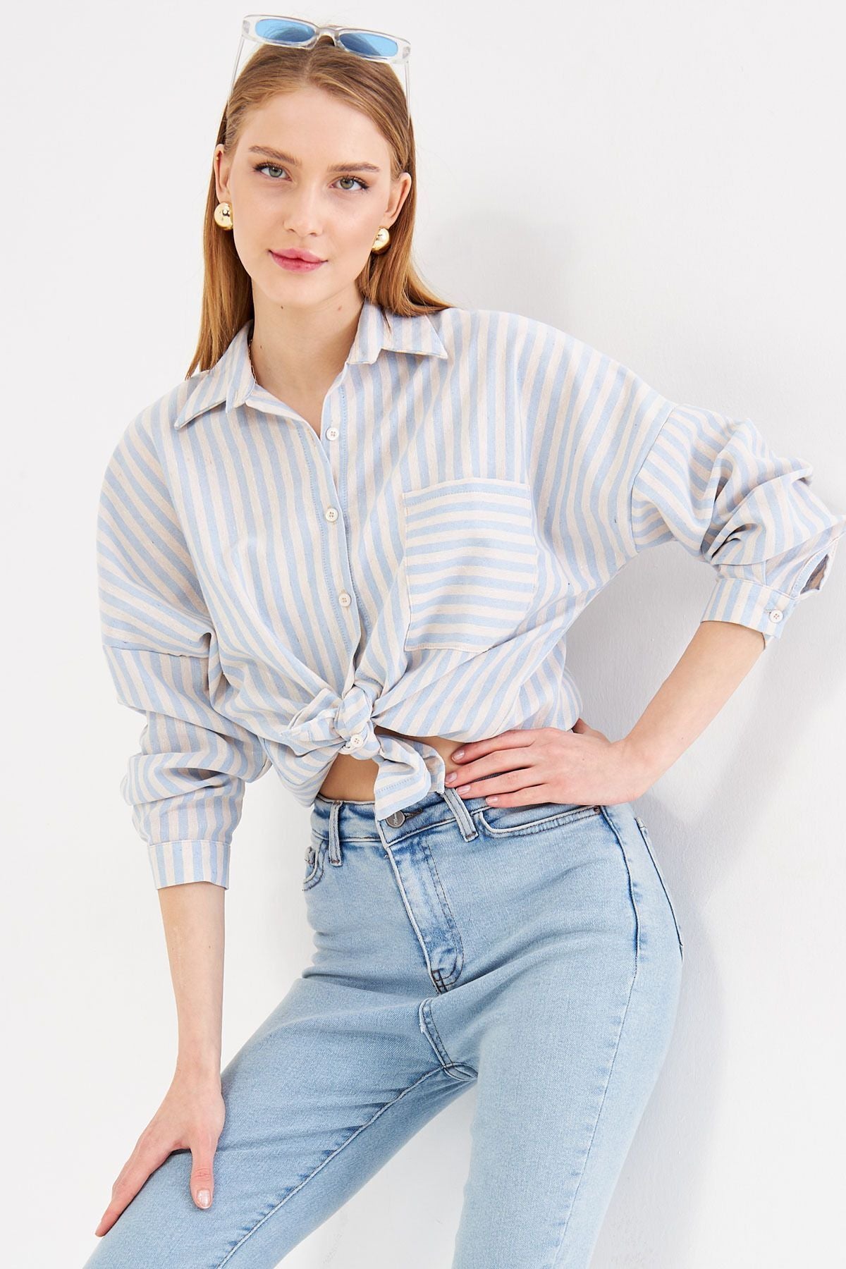 Woman Baby Blue Striped Long Sleeve Pocket Detailed Pleeled Oversize Shirt ARM-24Y001057