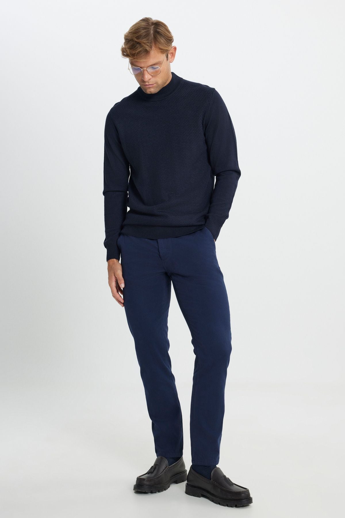 Men's navy blue woolen standard fit half fisherman collar honeycomb textured knitwear sweater