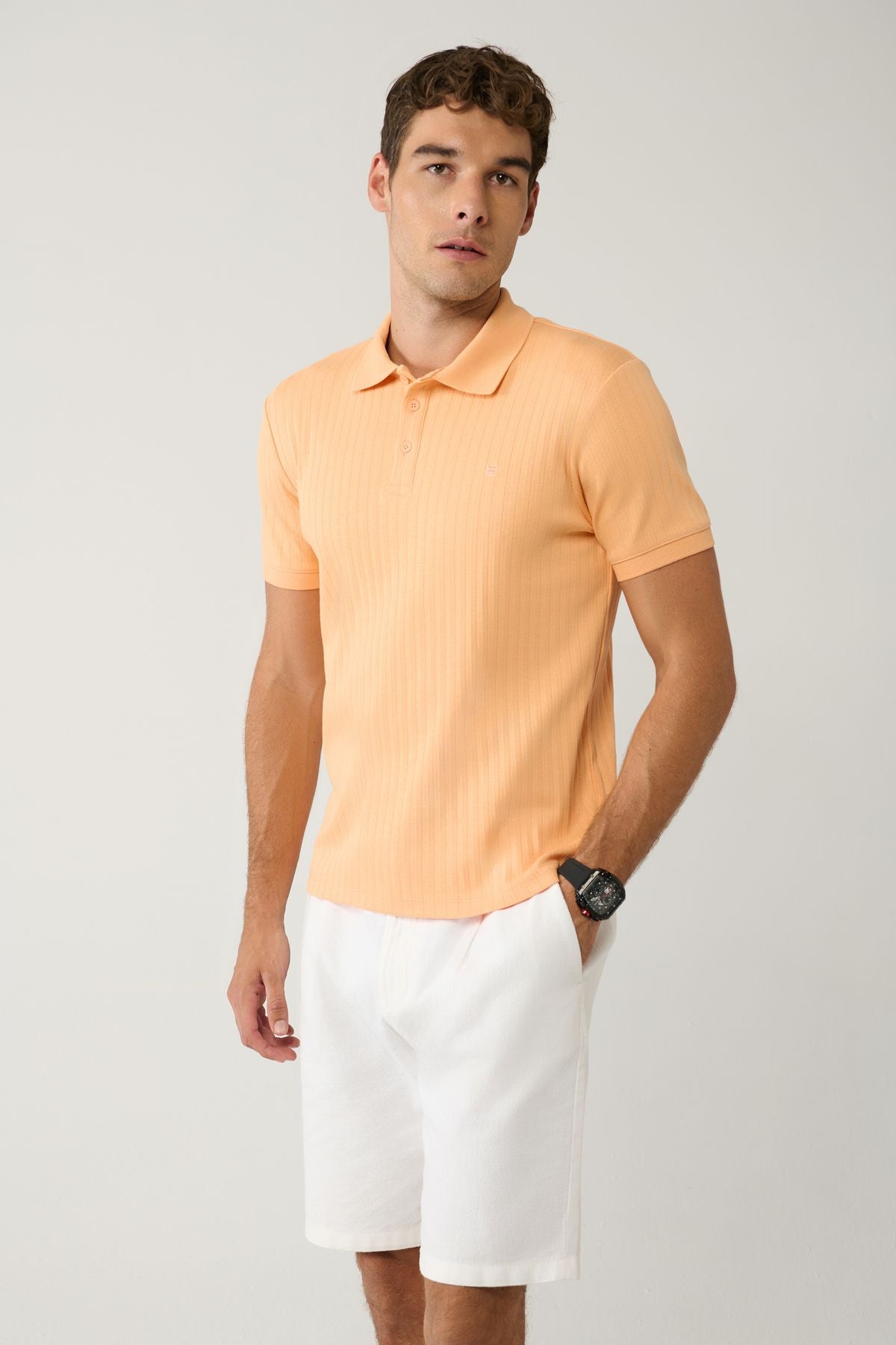 Men's Open Orange 100 %Cotton 3 Buttoned Jacquard Polo Yaka T-shirt A41y1354