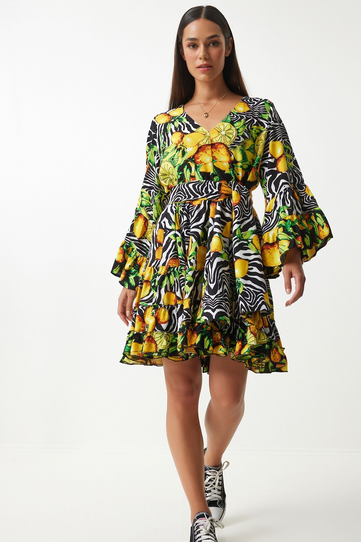 Woman Yellow Black Patterned Summer plenty of viscose dress FN03200