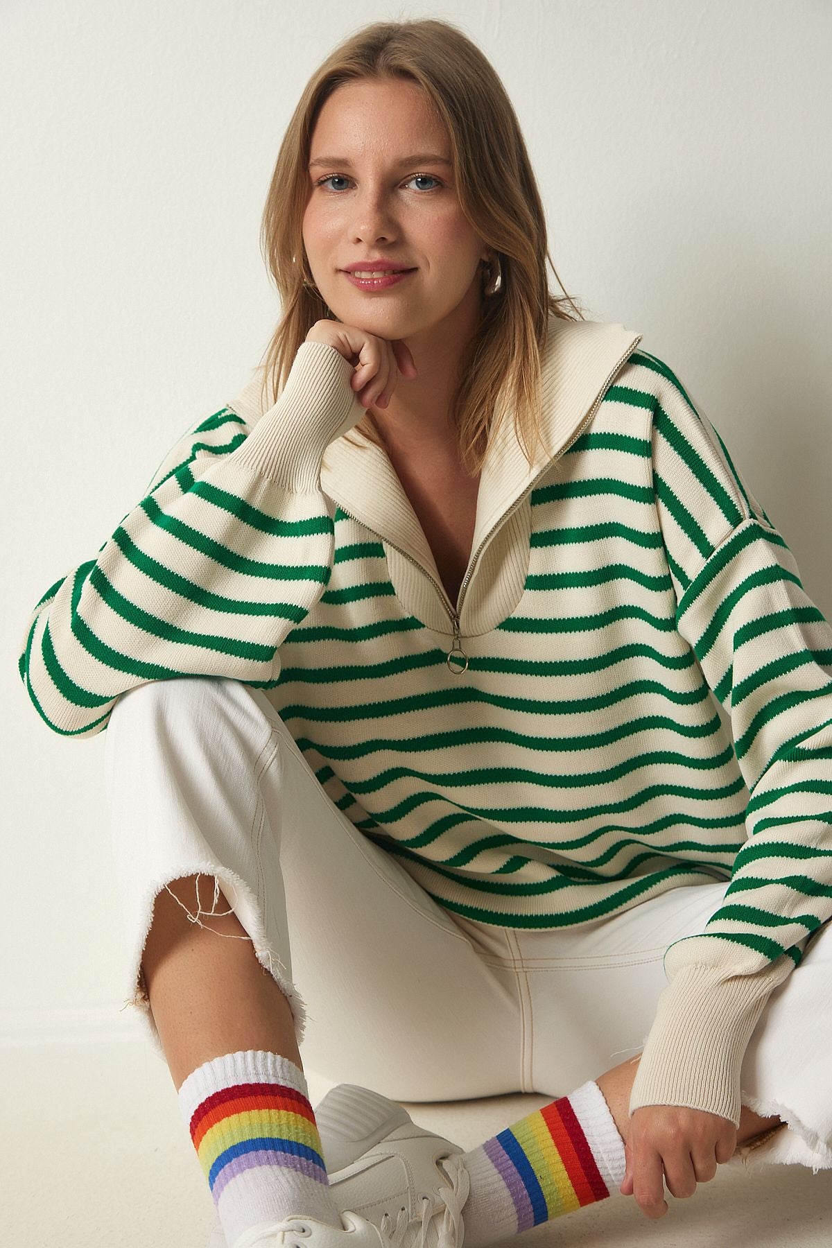Women's Cream Green Striped Zippered Yaka Knitwear Sweater PF00039