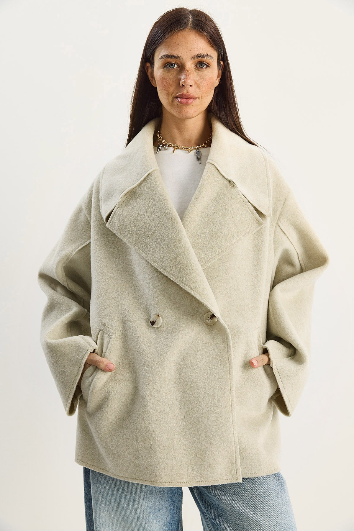 Women's Wide Collar Pocket Detailed Oversize Cashmere Coat 38183 60283785