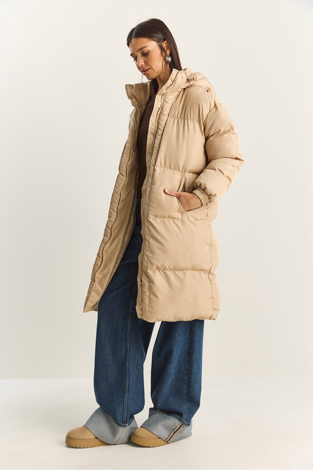 Women's Pocket Detailed Lined Hooded Long Puffer Coat 1129 60283868