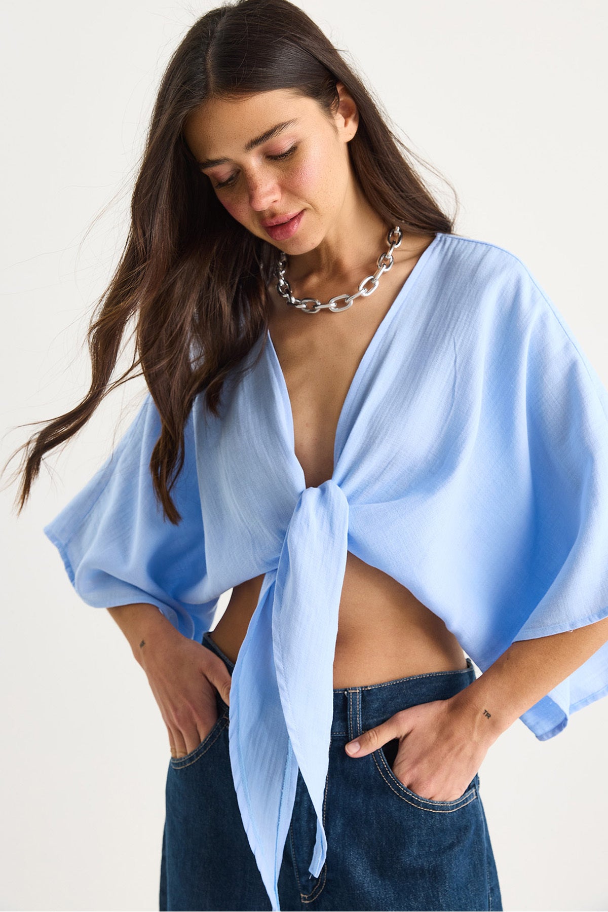 Women's Wide Sleeve V-Neck Tie Detailed Muslin Blouse 4729 60283396