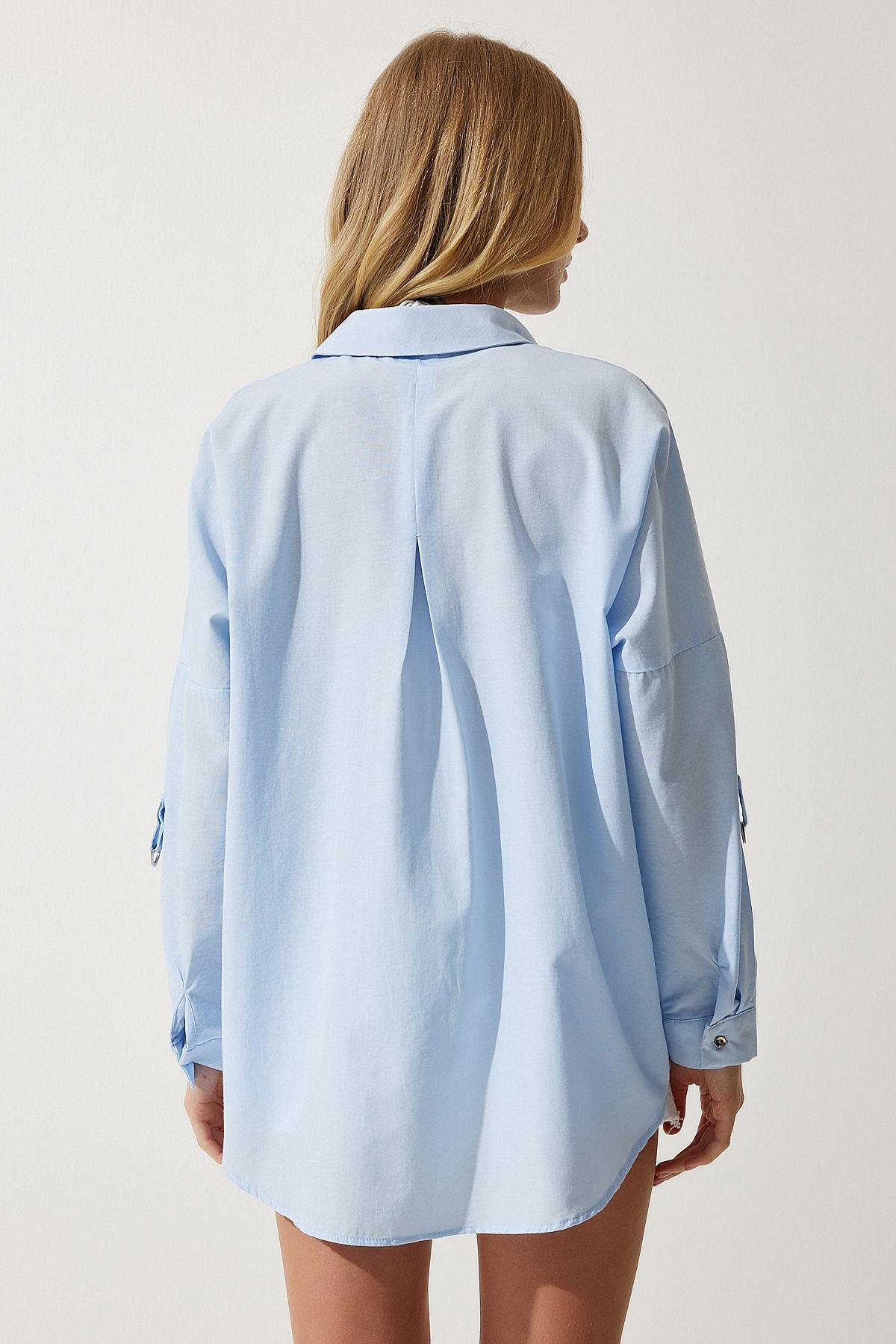 Women's sky blue pocket poplin boyfriend shirt MX00156