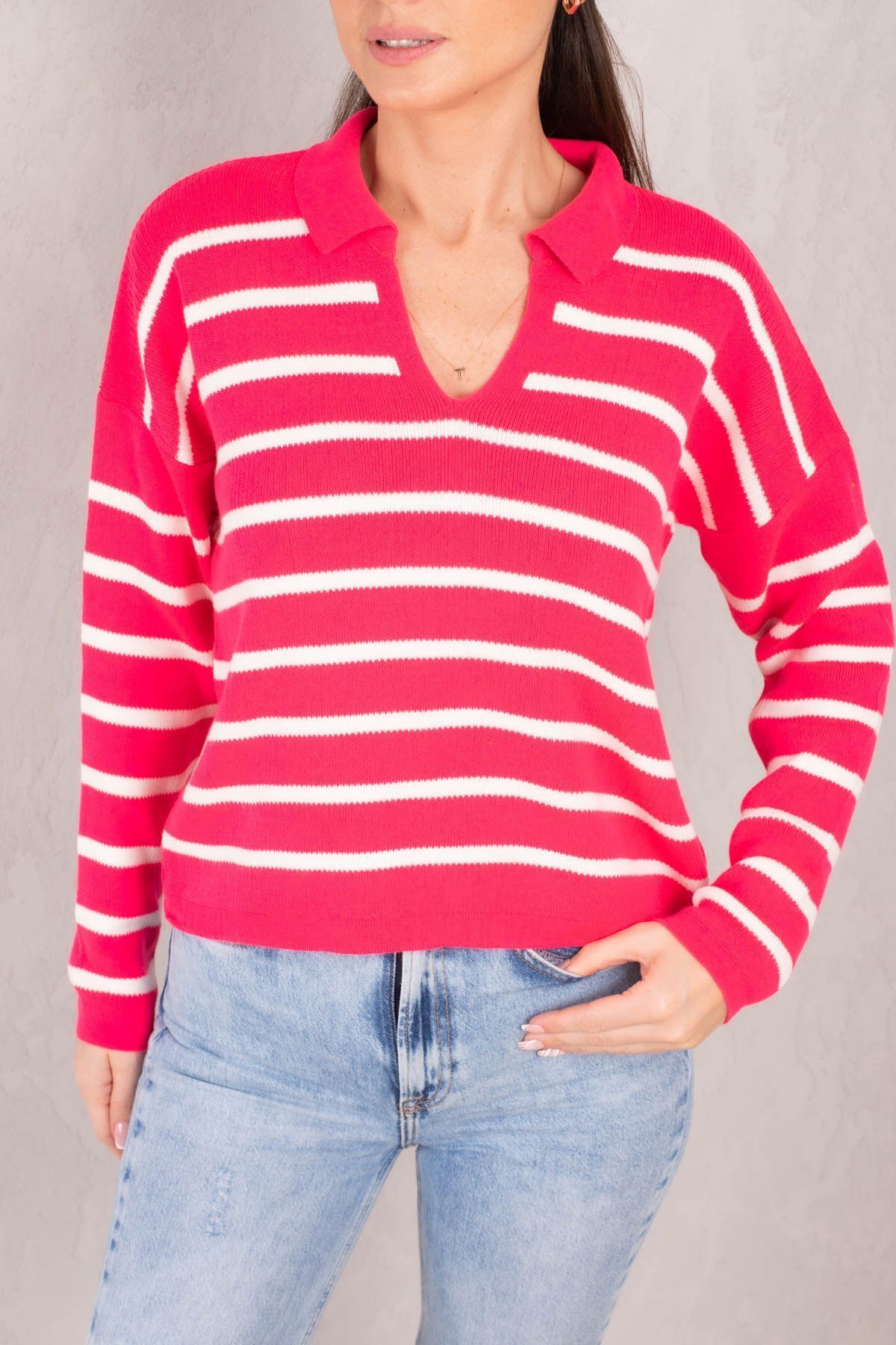 Woman Open Fuchsia striped Polo Yaka Knitwear Sweater ARM-22Y012006