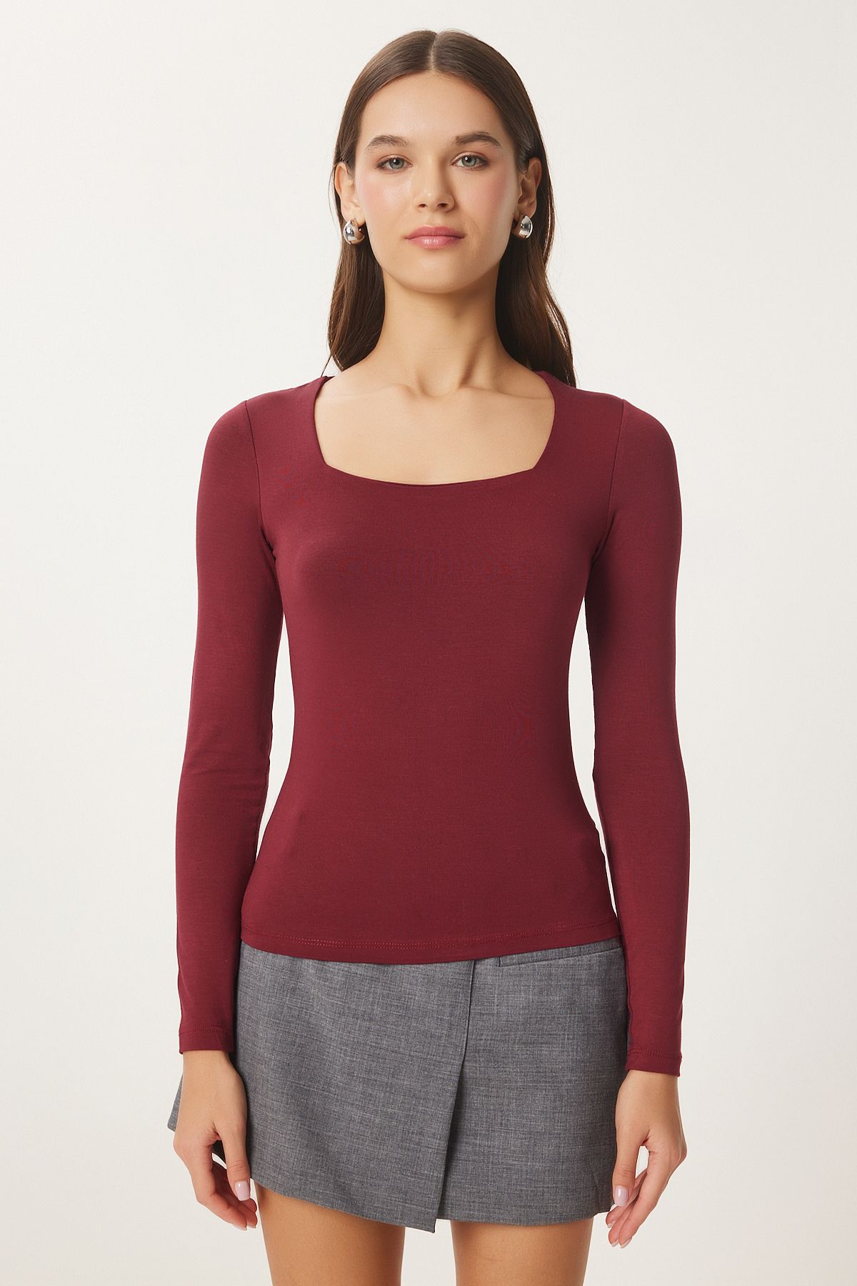 Female Bordeaux Square Neck Viscose Blouse RX00040