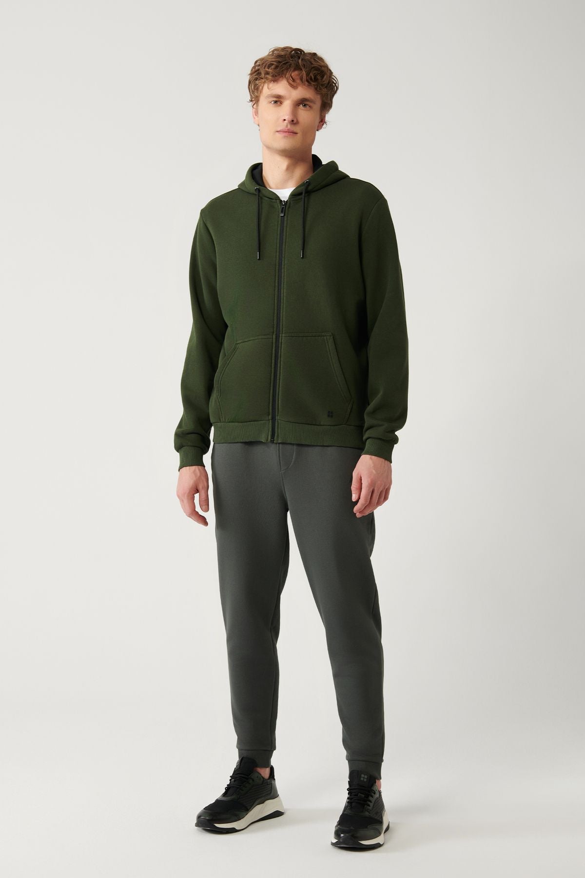 Male Khaki Kapüşon with 3 -Triple Zippered Sweatshirt E001019
