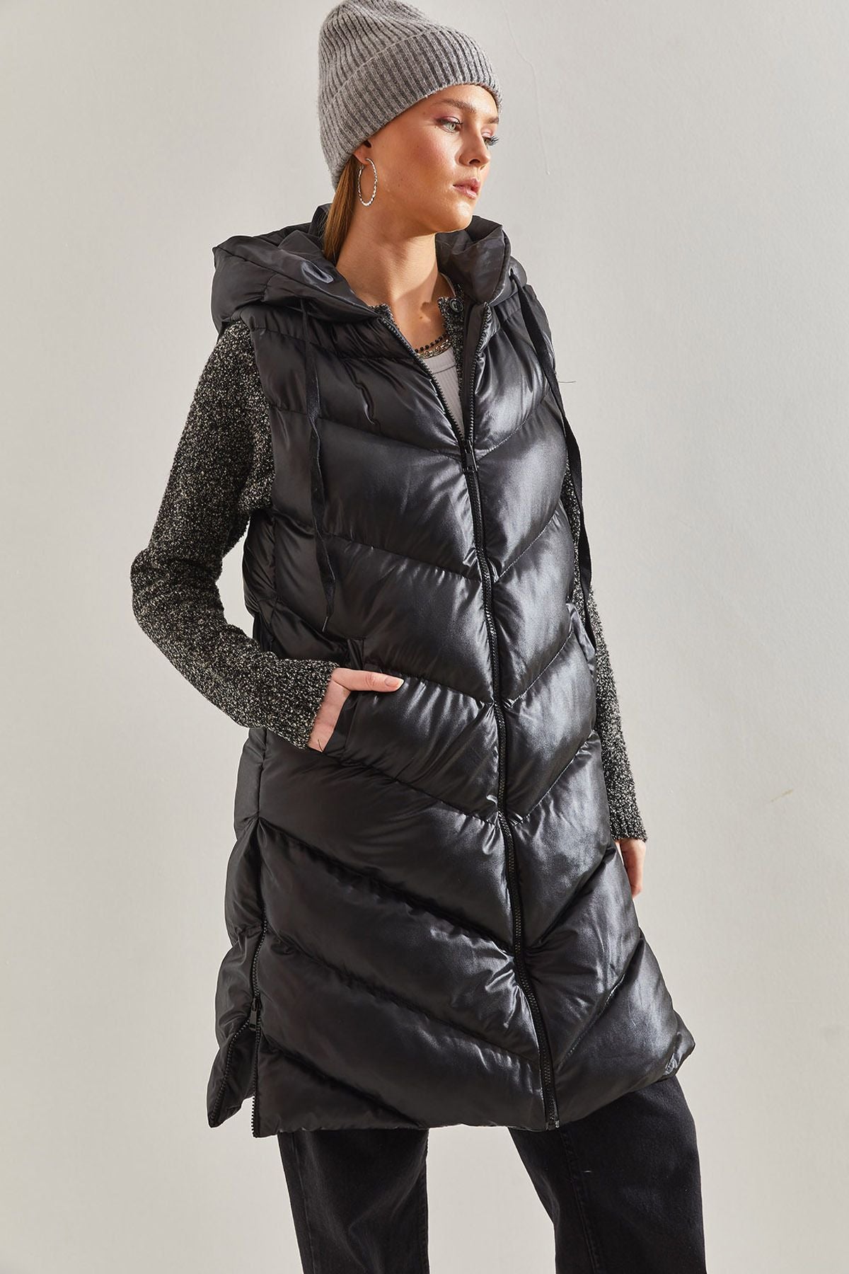 Women's sides Zippered Long Swelling Vest