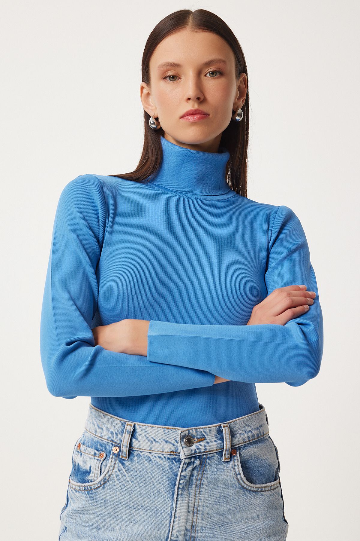 Woman Blue Fisherman's Licra Knitting Sweater FN03344