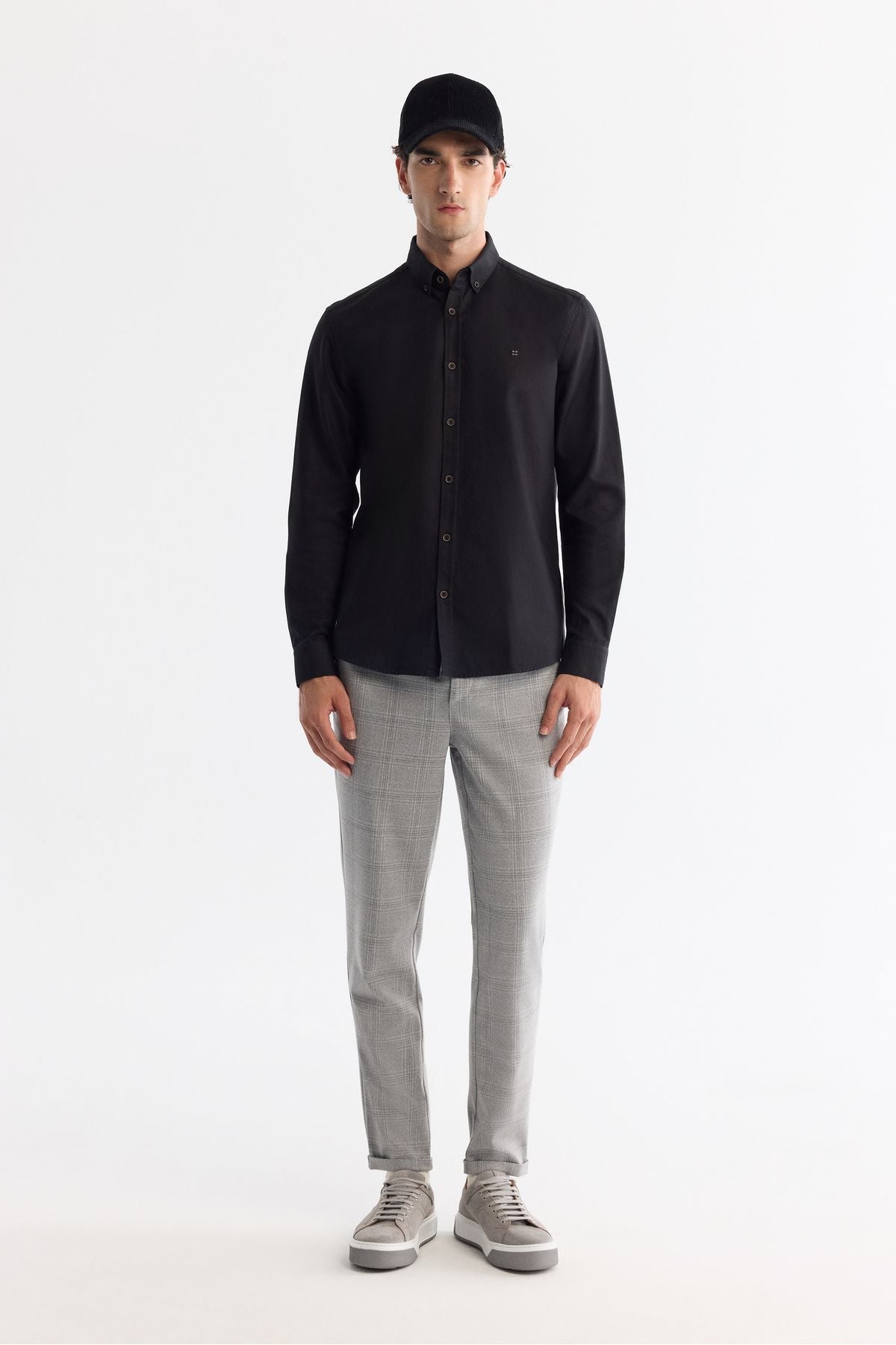 Men's black button collar diagonel cotton shirt B002036