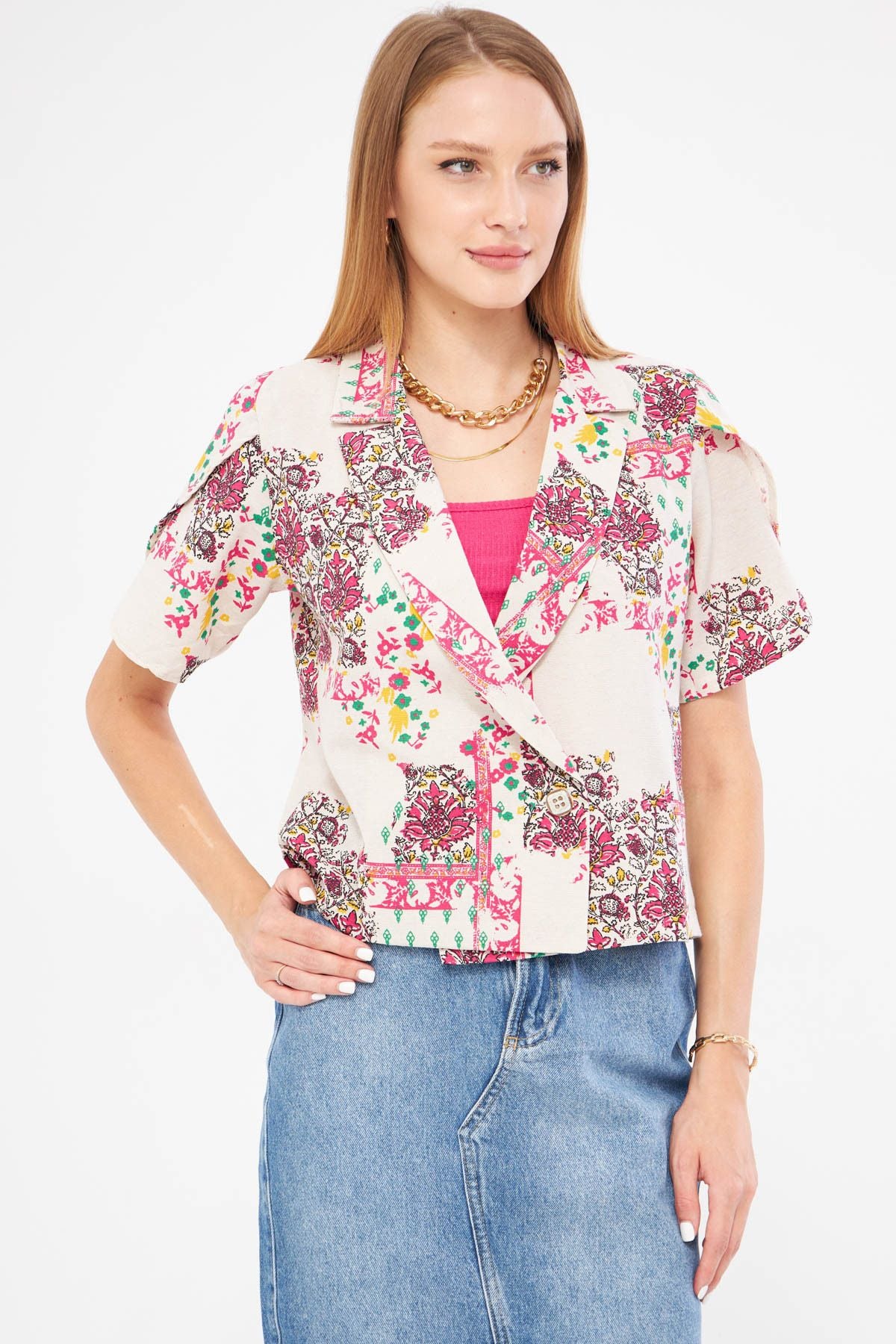 Women's Fuchsia-Green Linen-Looking Patterned Lever Slit Crop Short Sleeve Jacket ARM-24Y001095