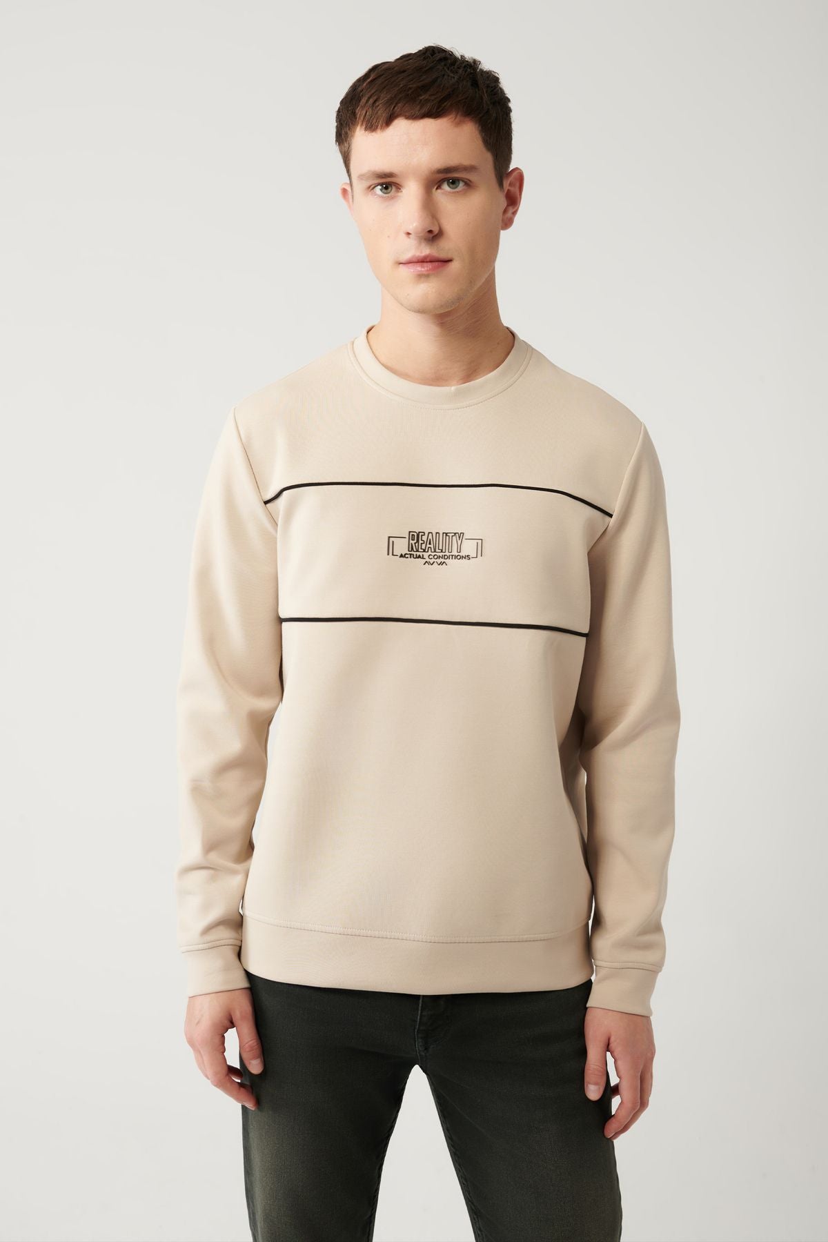 Erkek Bej Bisiklet Yaka Interlok Kumaş Göğsü Baskılı Sweatshirt A32y1228