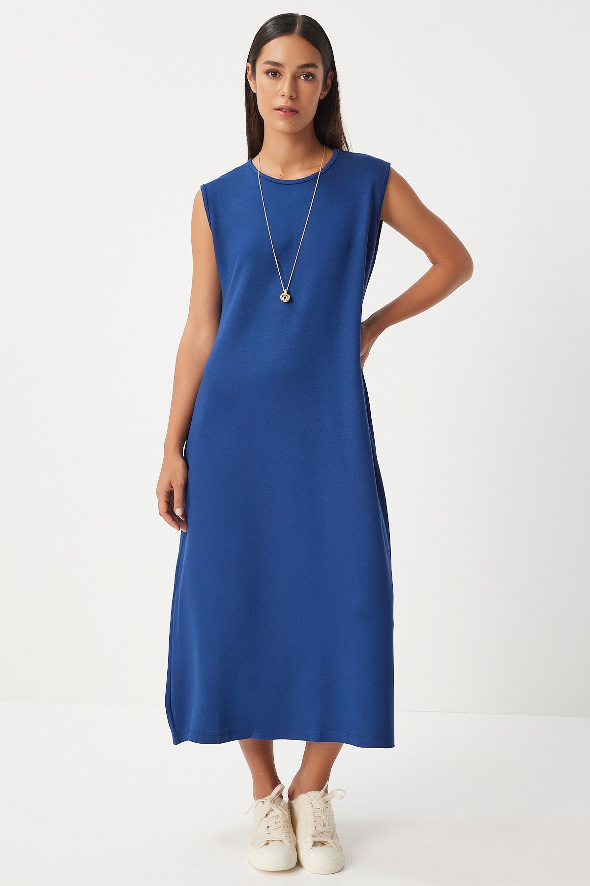 Woman Navy blue Sleeveless Summer Lycled Wrapped Knitting Dress BF00098