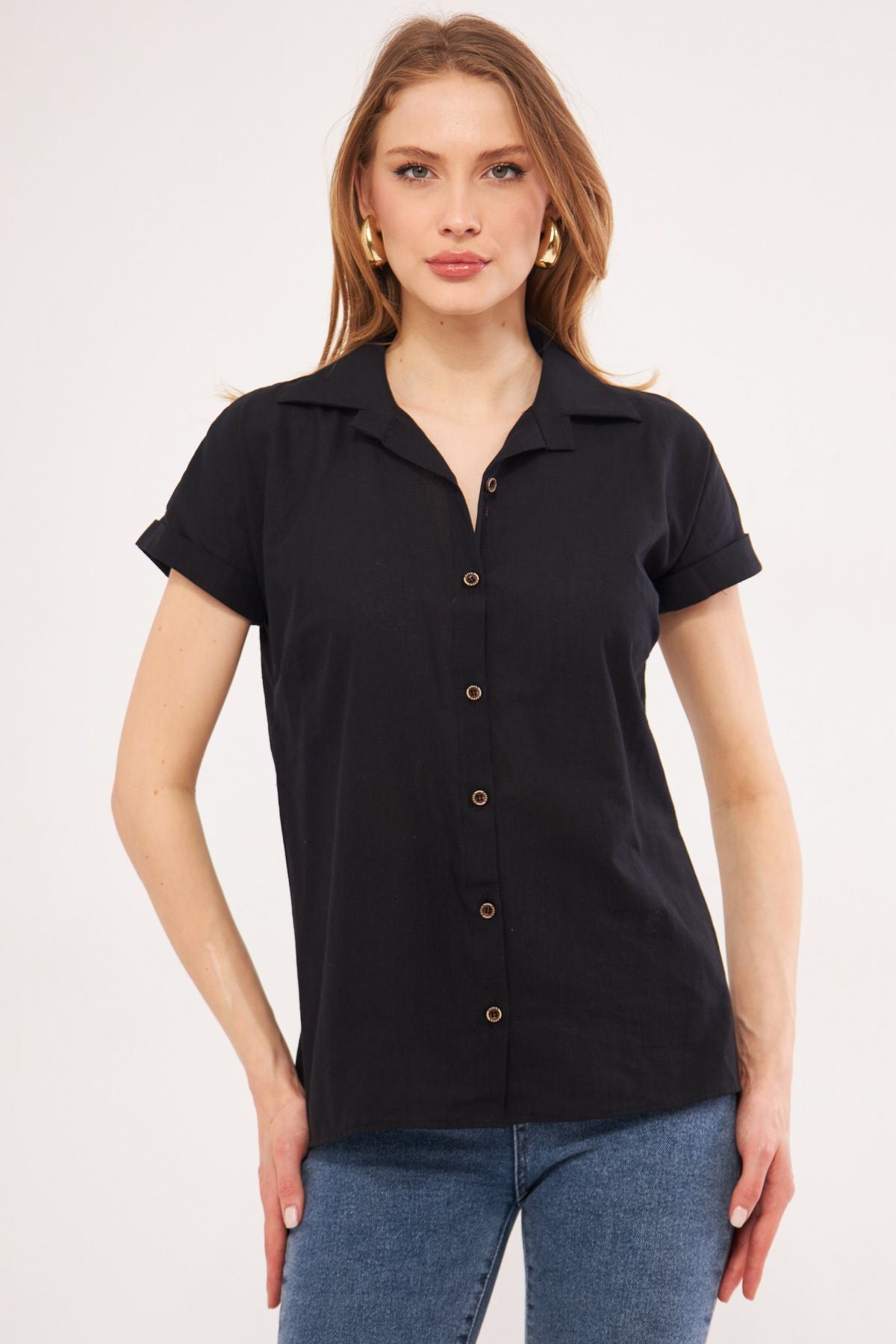 Female Black Short Sleeve Linen Shirt ARM-24Y001038