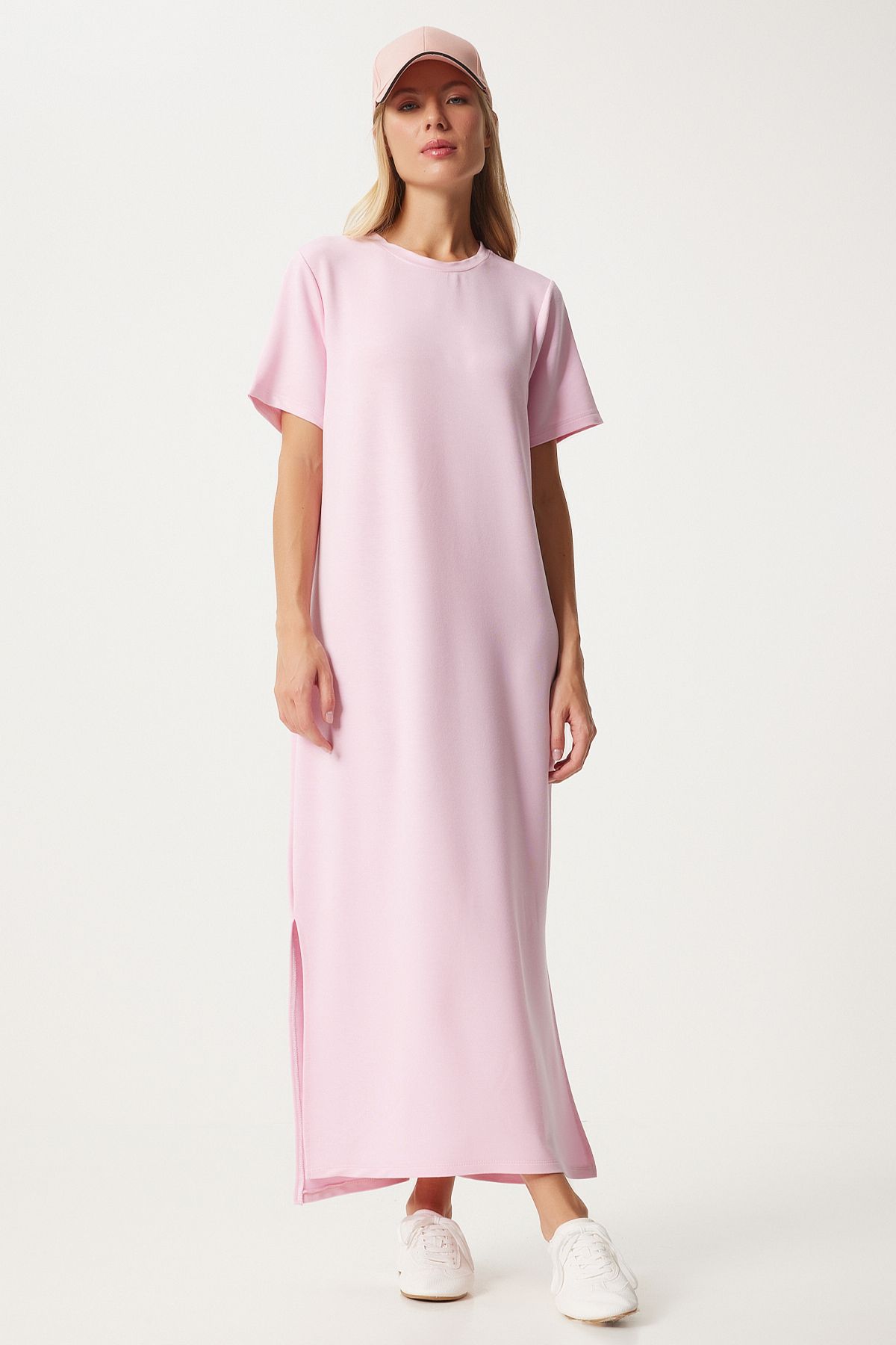 Woman Pink Side Solved Summer Long Knitting Dress HW00011