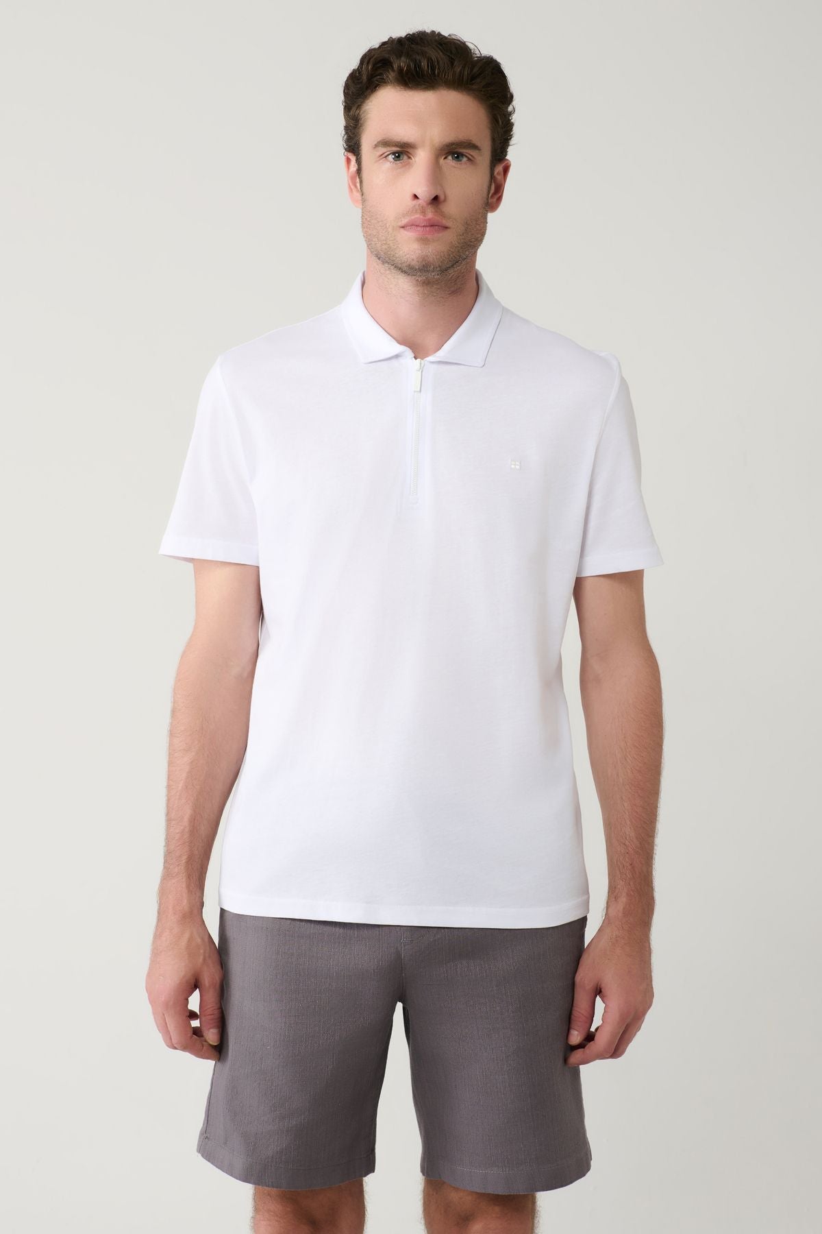 Men's White 100 %Cotton Zipper Polo Yaka T-shirt E001034