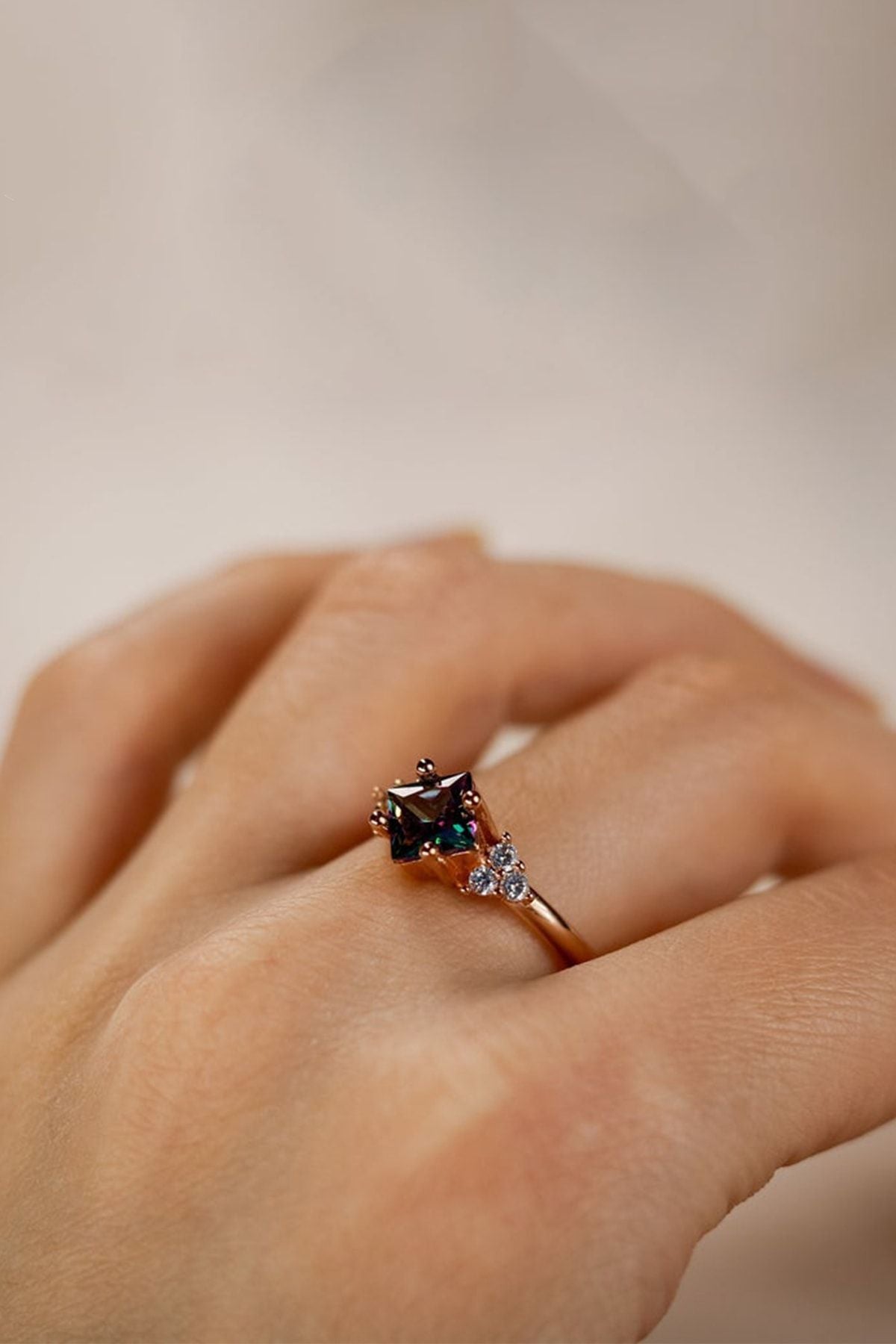 Woman Pink Square Mystical Topaz Stone Adjustable 14 K Gold Plated Ring