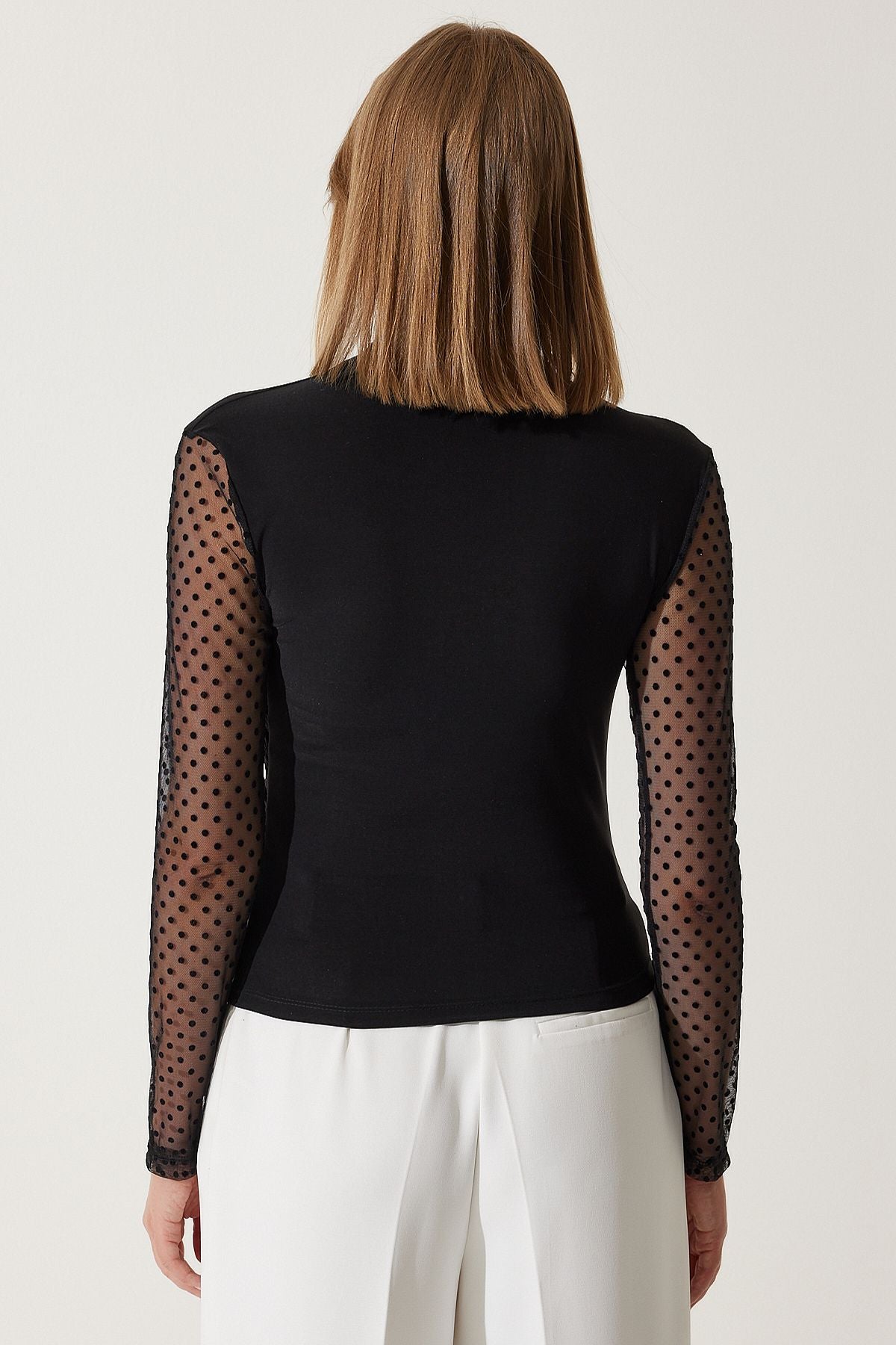 Female black polka dot lace sleeve shirred knitted blouse FF00163