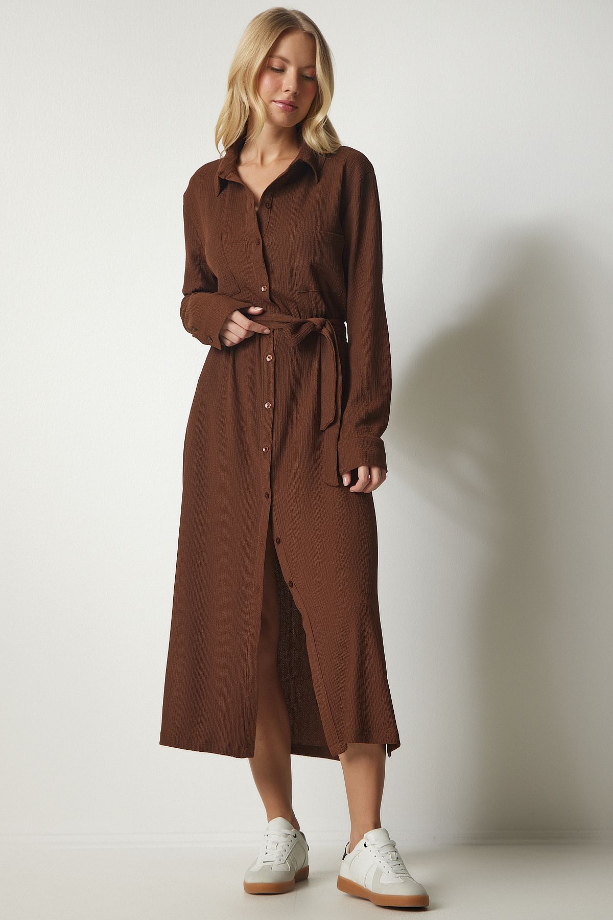 Women's brown belt long shirt dress ub00187