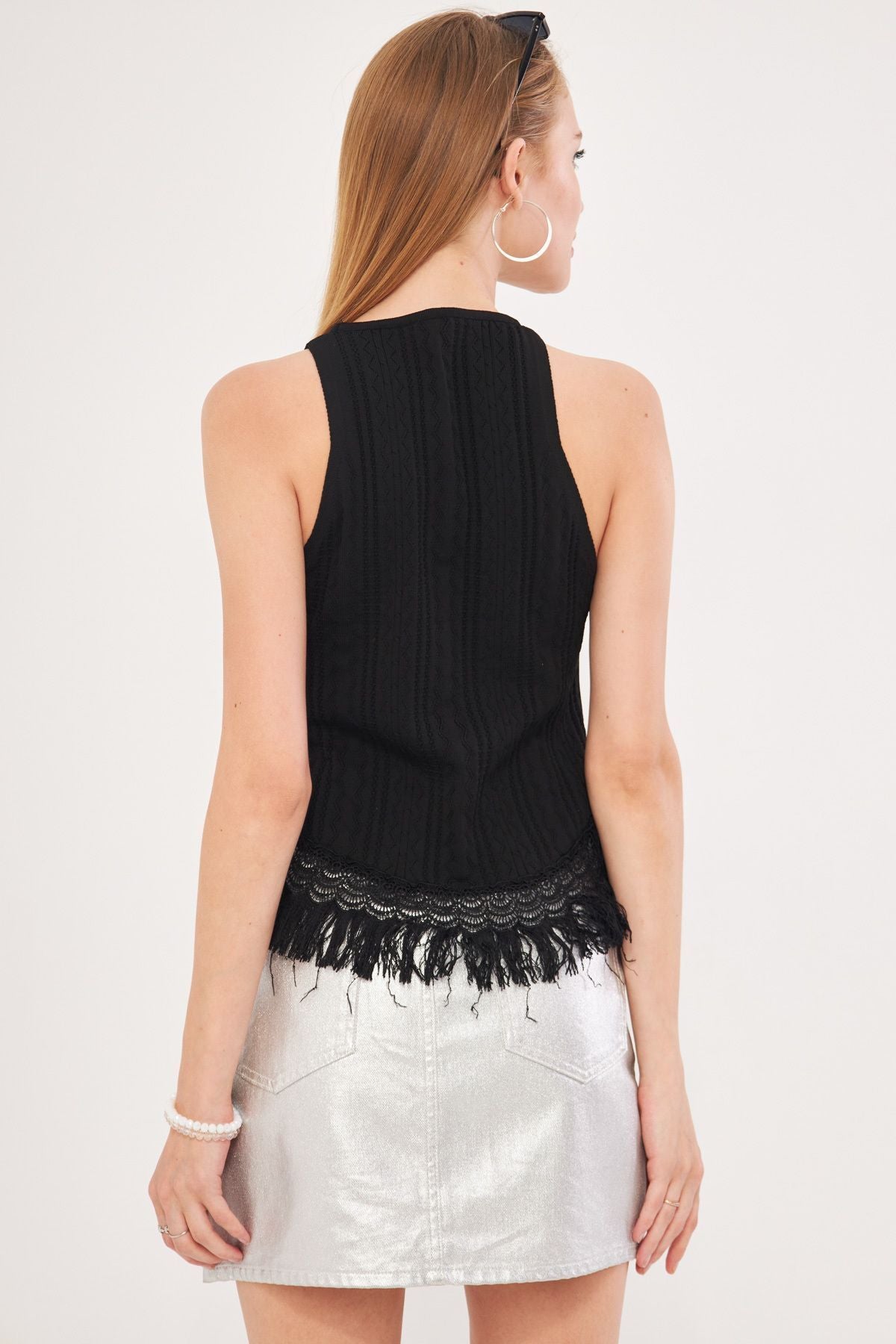 Female Black Sleeveless Knitting Patterned Skirt Lace Triko Blouse ARM-24Y134007