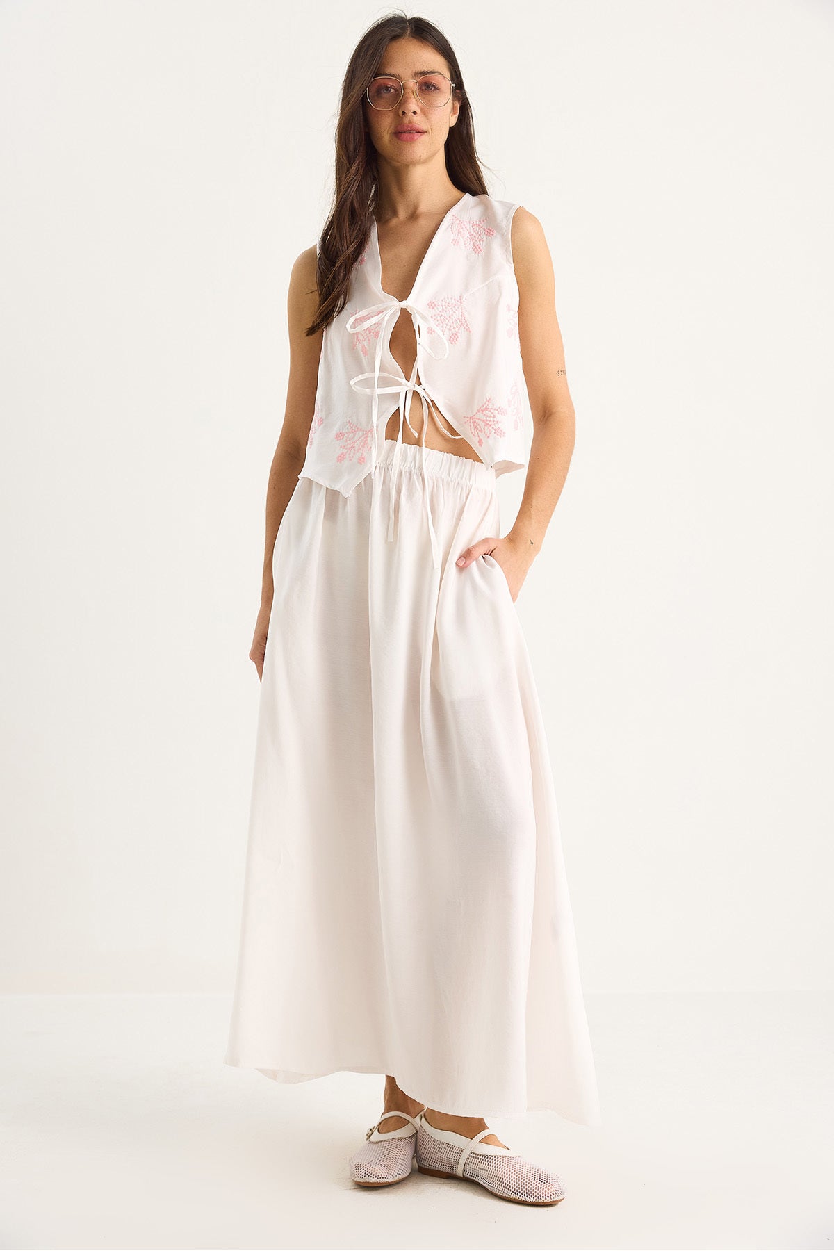 Women's Tie-Front Embroidered Vest with Pocket Detail Long Modal Skirt Suit 4009 60283423