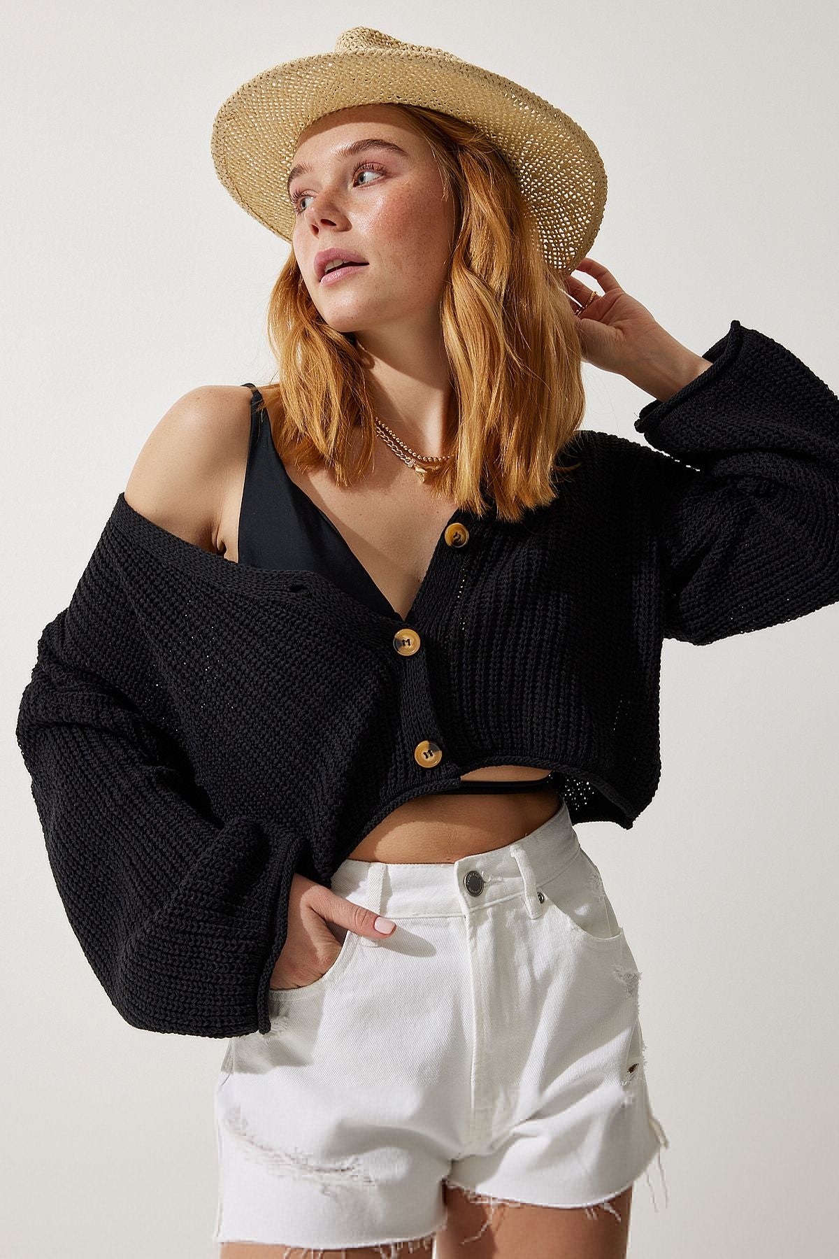 Female Black V -Neck Seasonal Crop Knitwear Cardigan MC00255