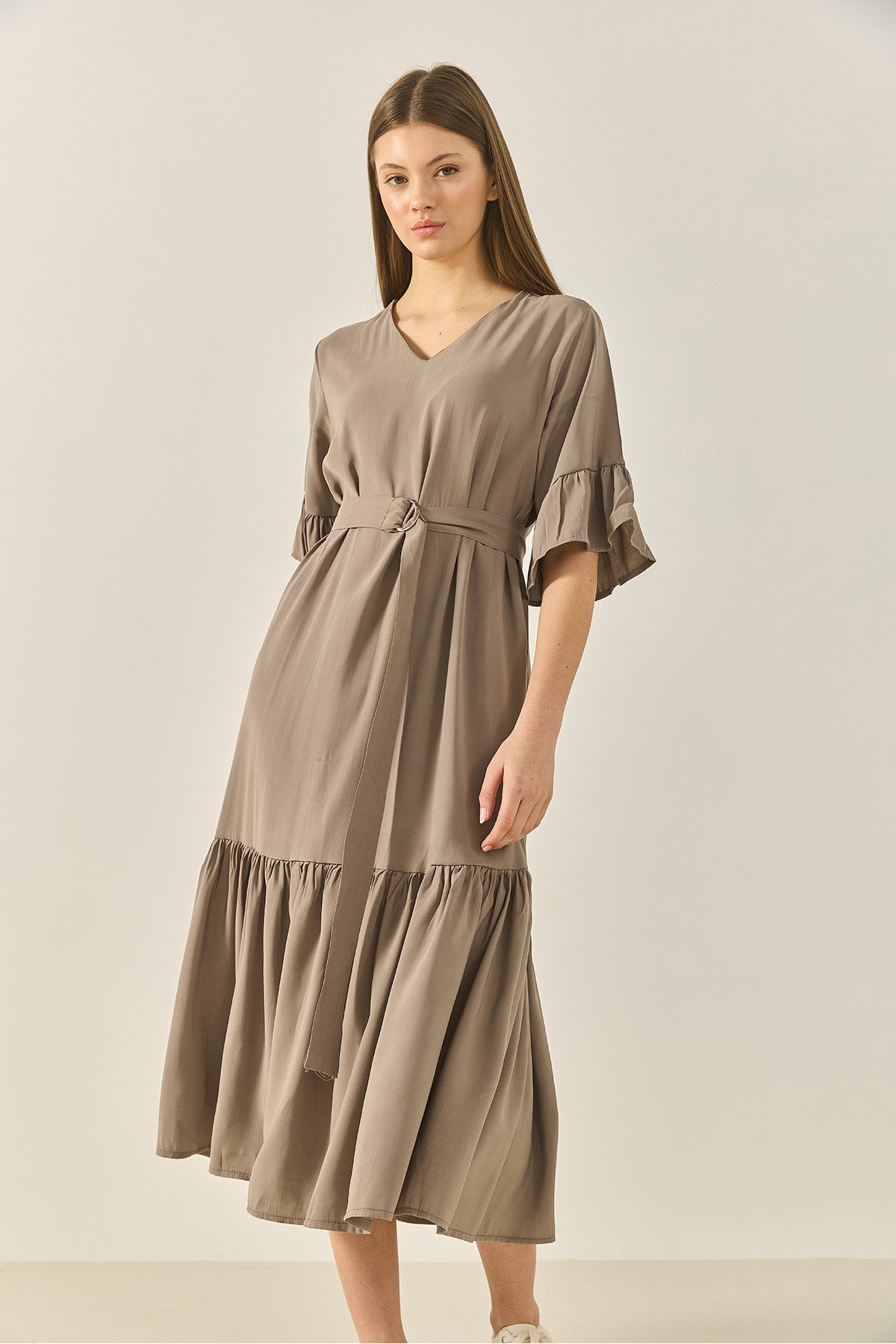 Women's V-Neck Pocket Belted Skirt Flounce Detailed Casual Dress 8406 60283256