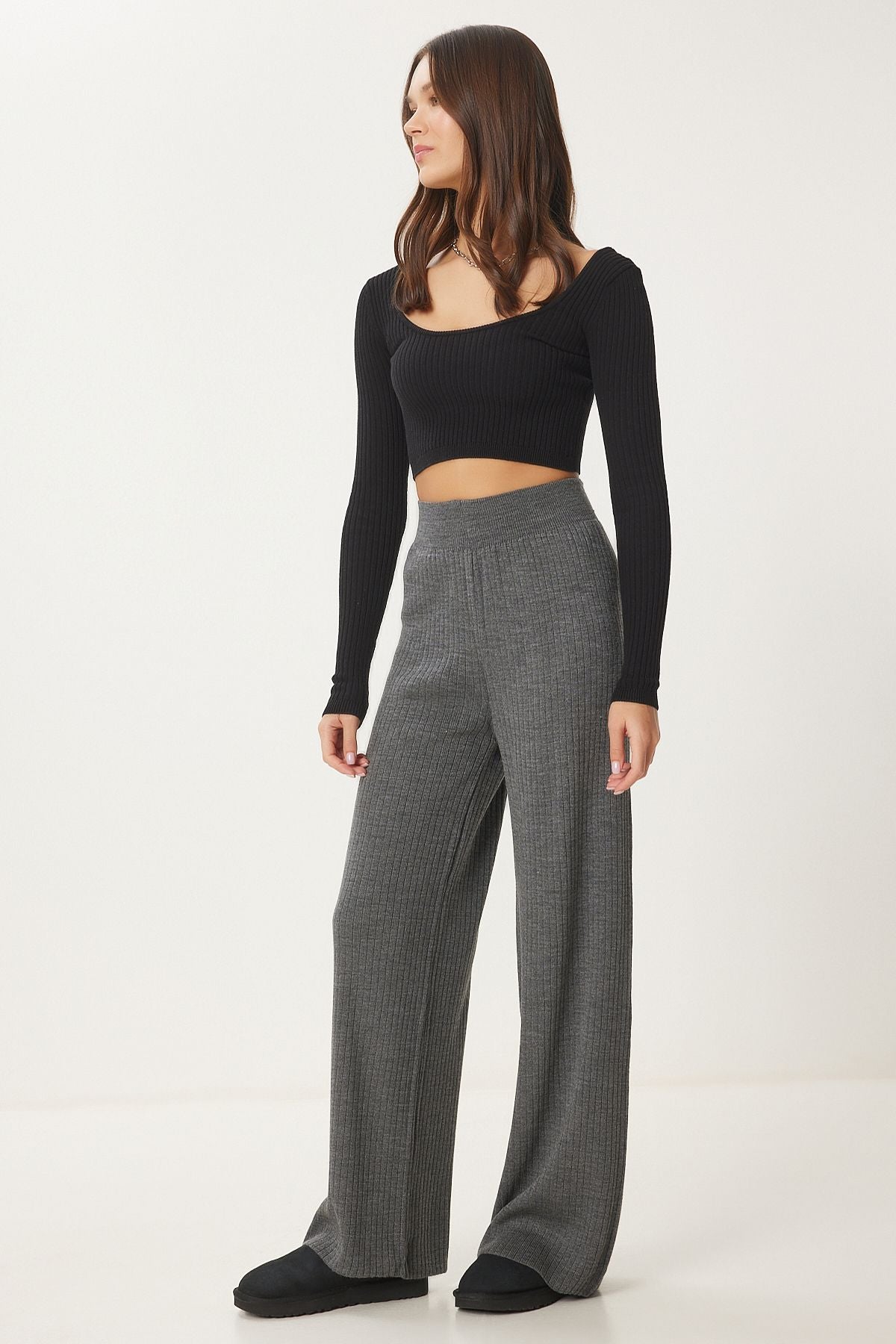 Woman anthracite wick knitwear pants ki00096