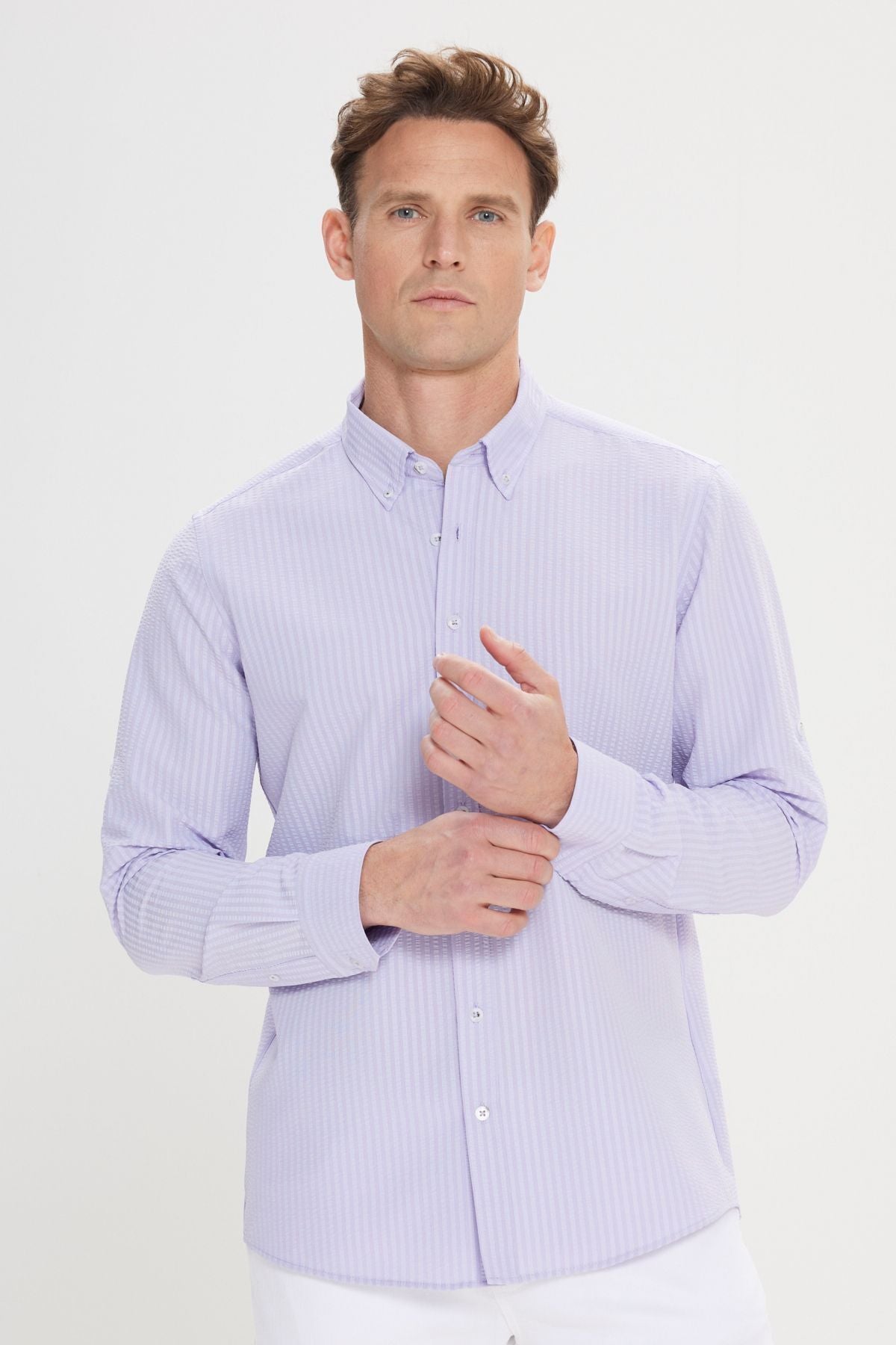 Men's lilac Easy to ironed wafer patterned oxford slim fit narrow -cut button collar flexible shirt