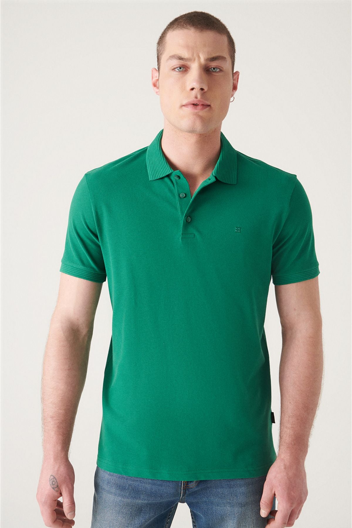 Men's green 3 button 100 %corn cotton Polo Yaka T-shirt B001027