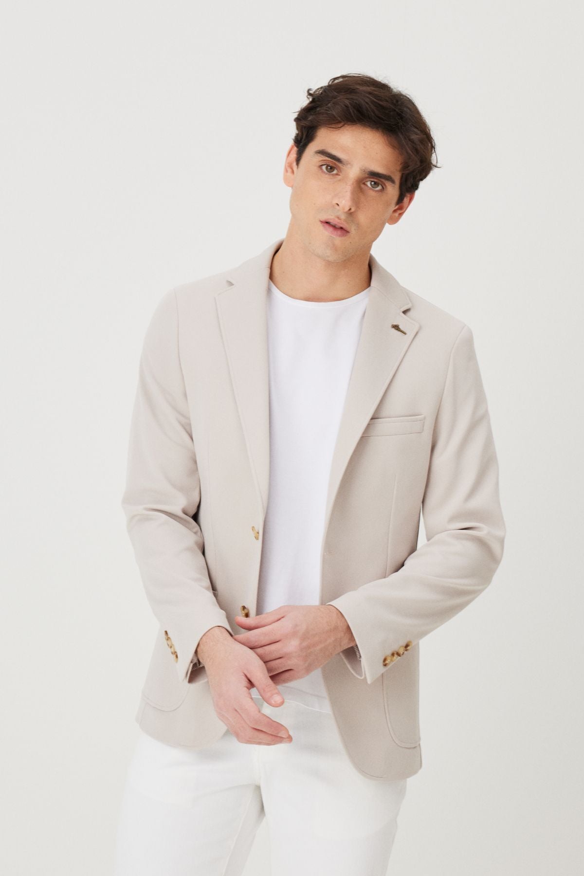 Men's Beige Slim Fit Narrow Cut Mono Yaka Casual Blazer Jacket