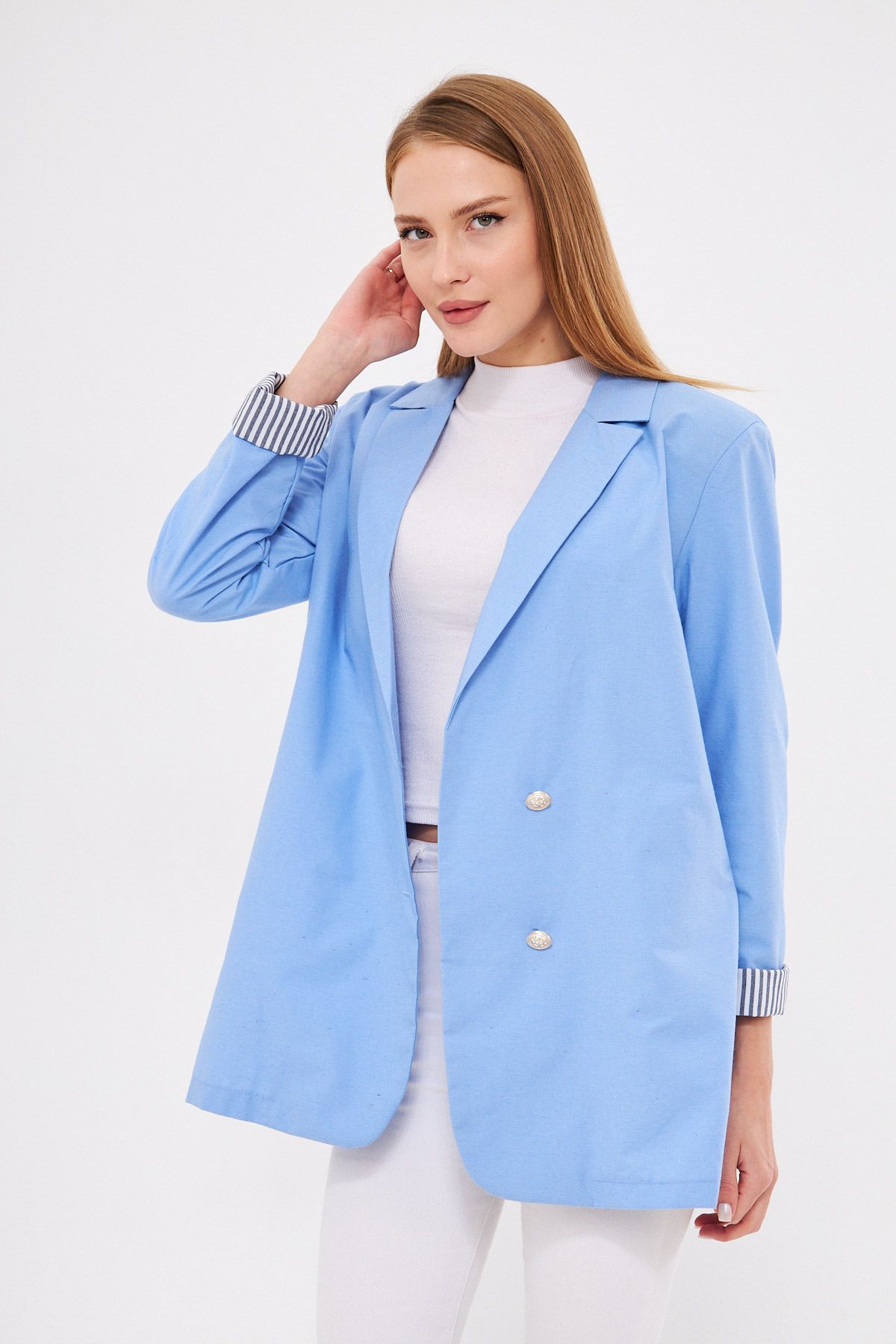 WOMEN BABY BLUE BLUE CREMAZE YOVA ARL FOLLOWING DETAILED OVERSESSE PLACKLOW BLAZER JACKET ARM-25K001015