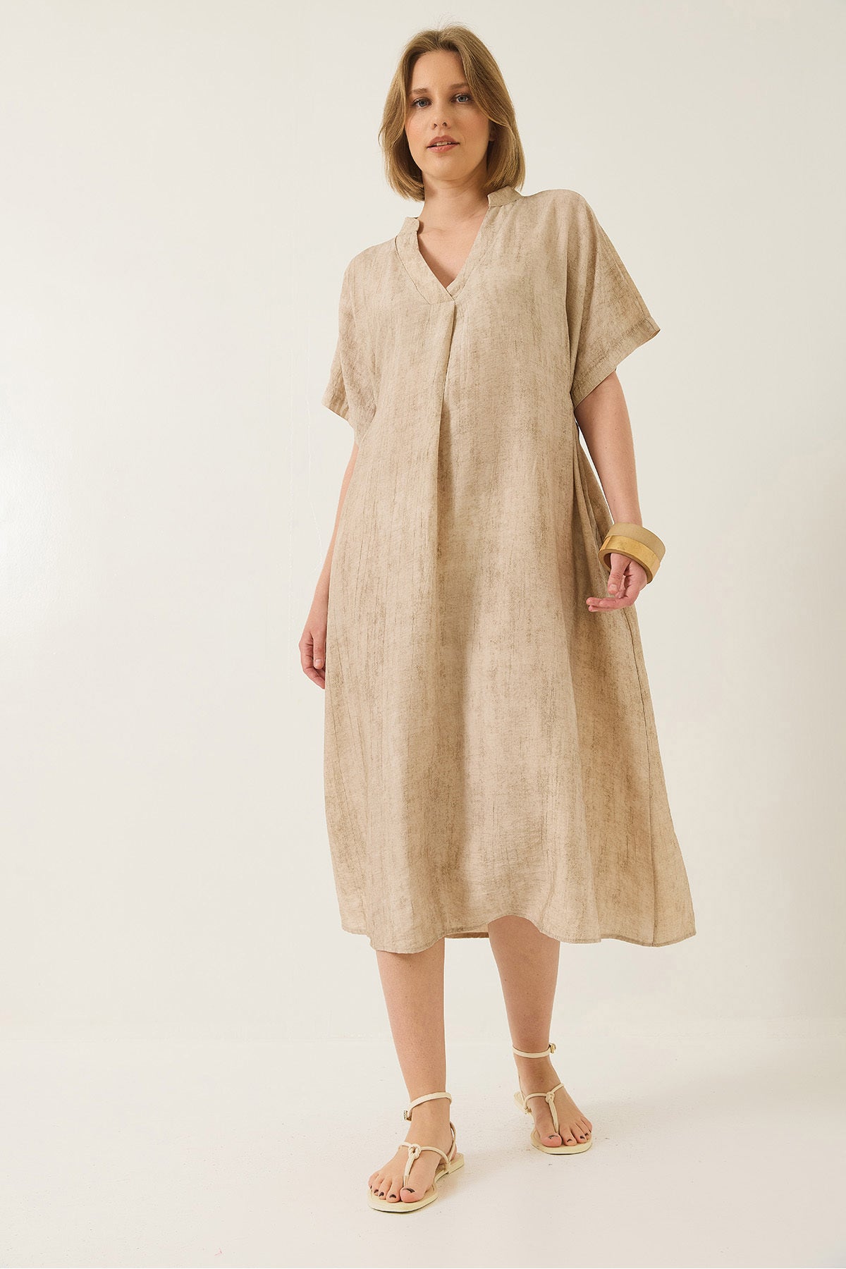 Women's V-Neck Tie Detailed Pocket Bat-Cut Casual Dress 60283210