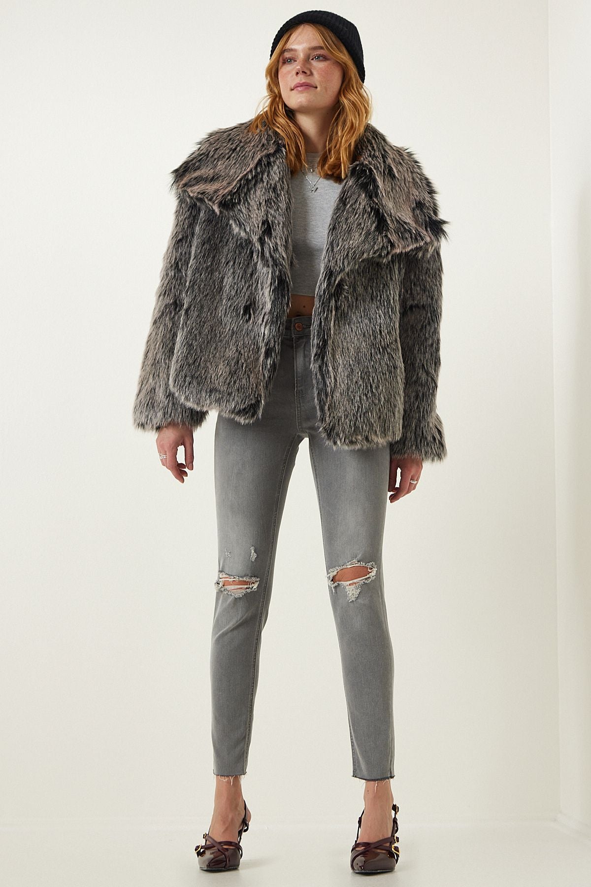 Gray Premium wide collar artificial fur jacket FN03169