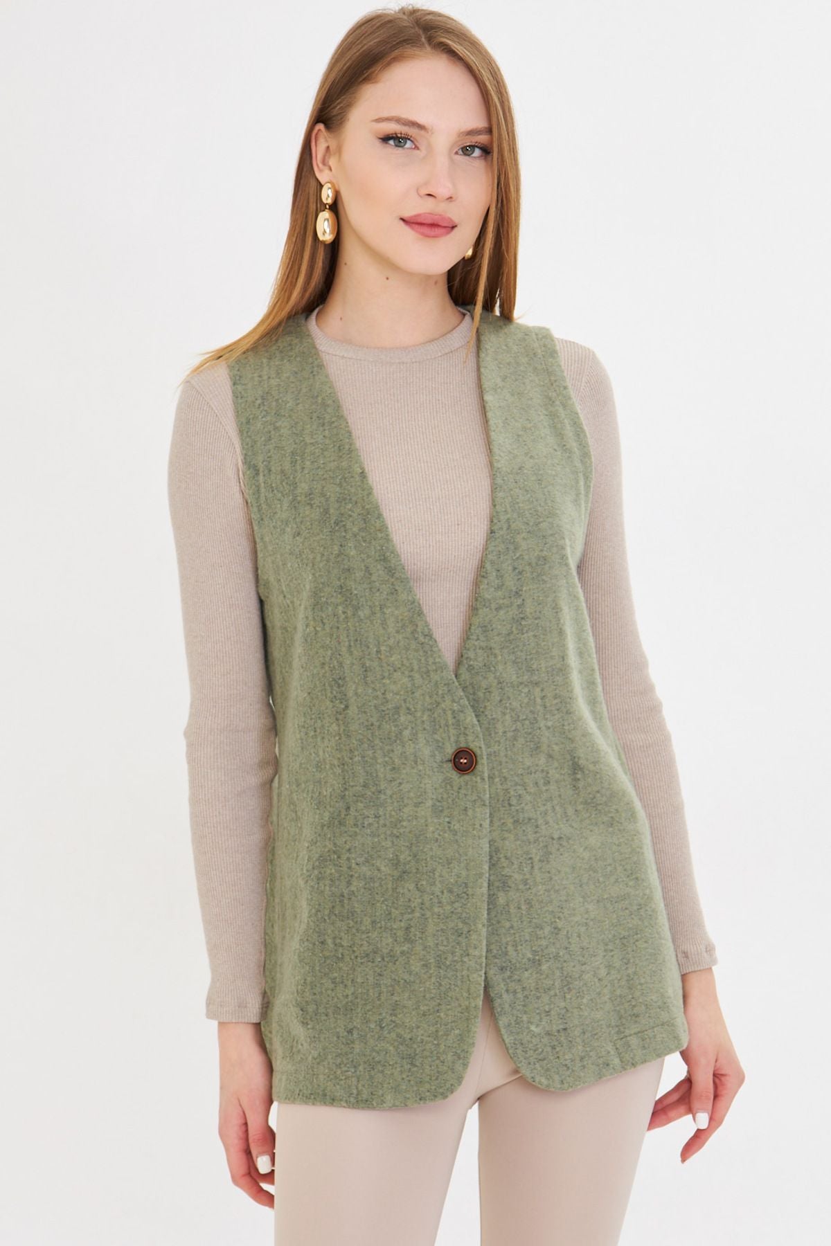 Female Green V-Neck Single Button Oversize Patterned Vest ARM-25K001110