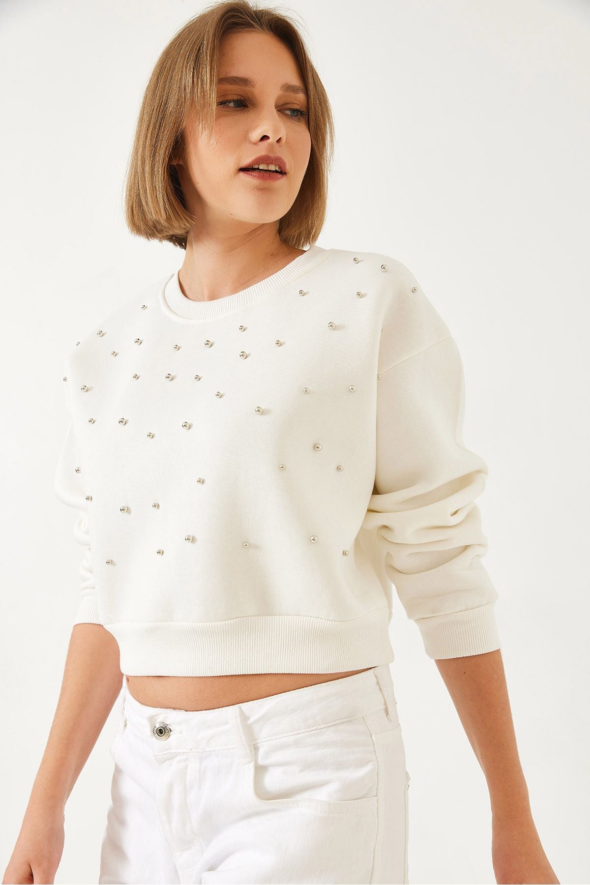 Female bike in front of the collar with pearls three yarns Sweatshırt 60601041