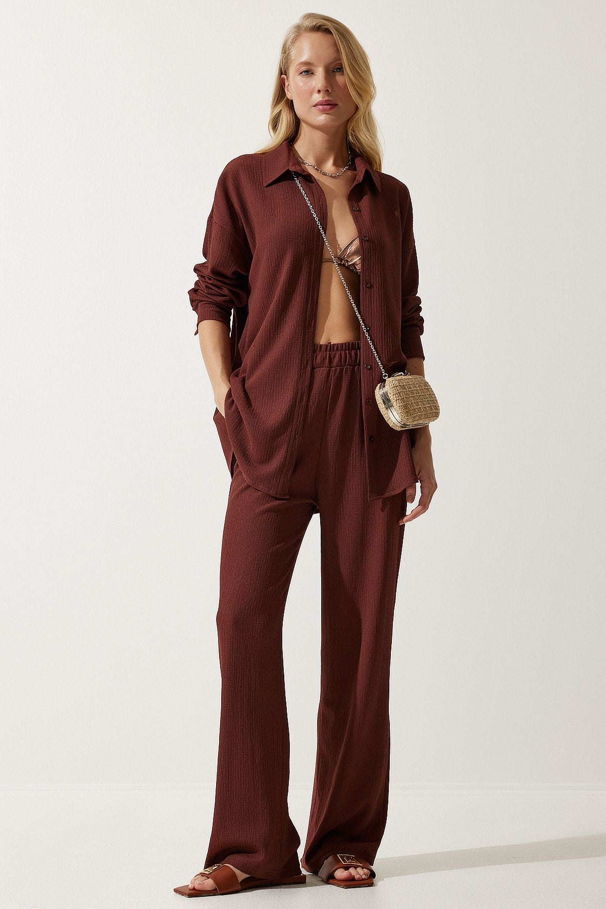 Female brown comfortable knitted shirt pants set KH00090