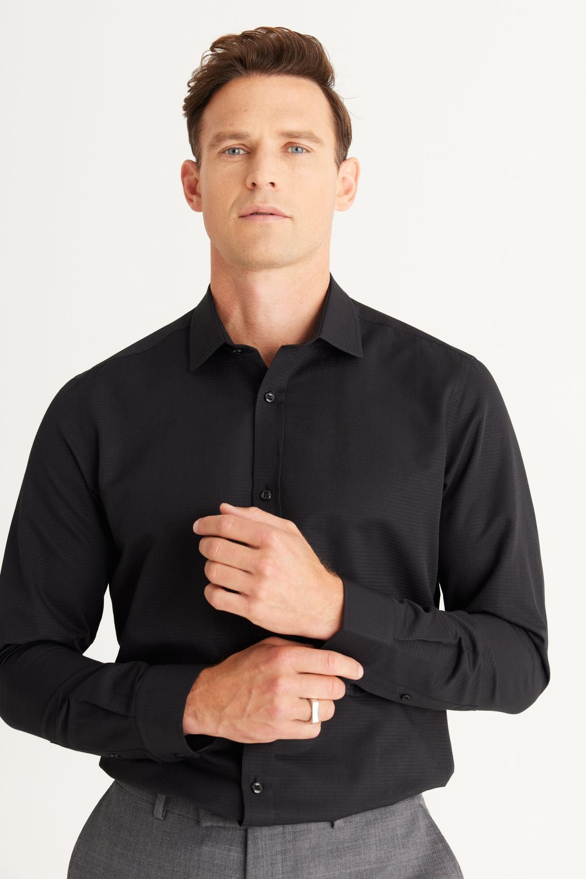 Men's black slim fit narrow tight cut cotton Astructural shirt