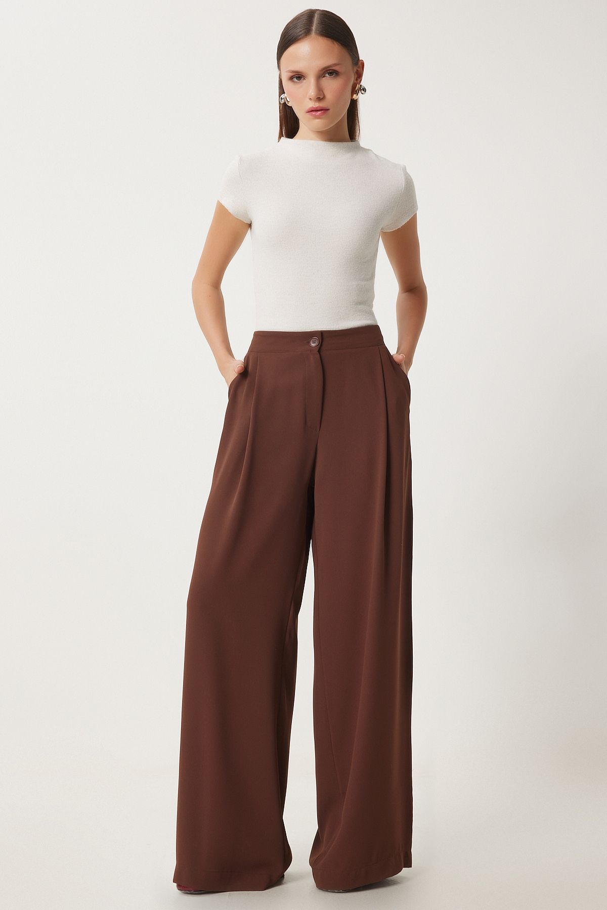 Women's brown pocket weaving palazzo pants ul00052