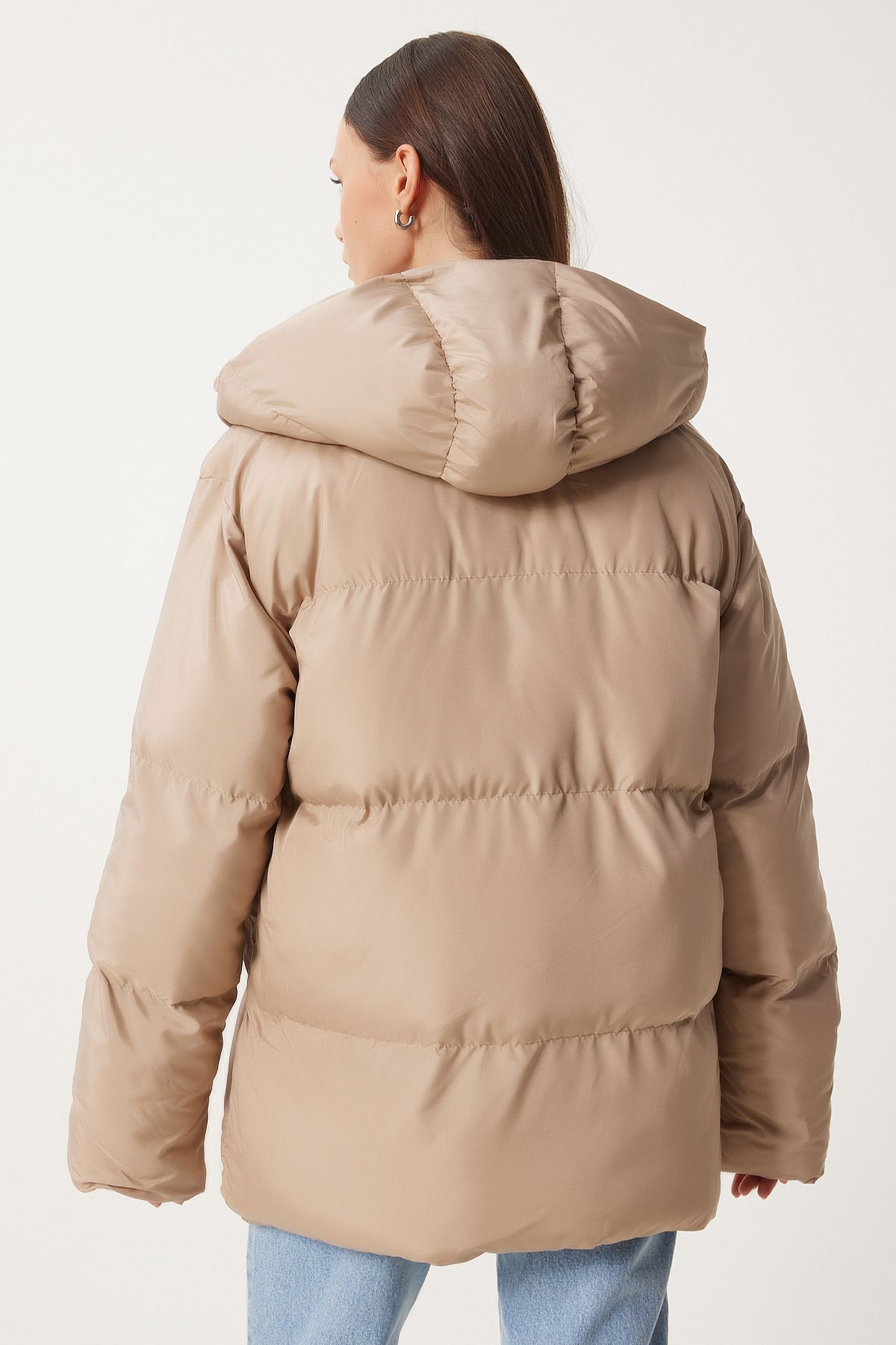 Female Beige Hooded Oversizle Swelling Coat CI00050