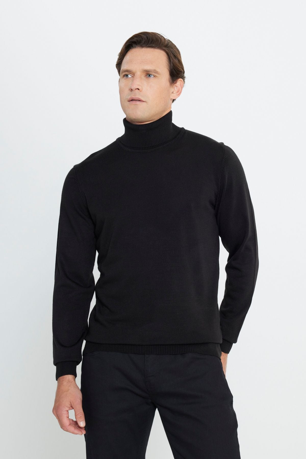 Men's Black Flashing Anti Pilling Standard Fit Full Fisherman Yaka Knitwear Kazakh