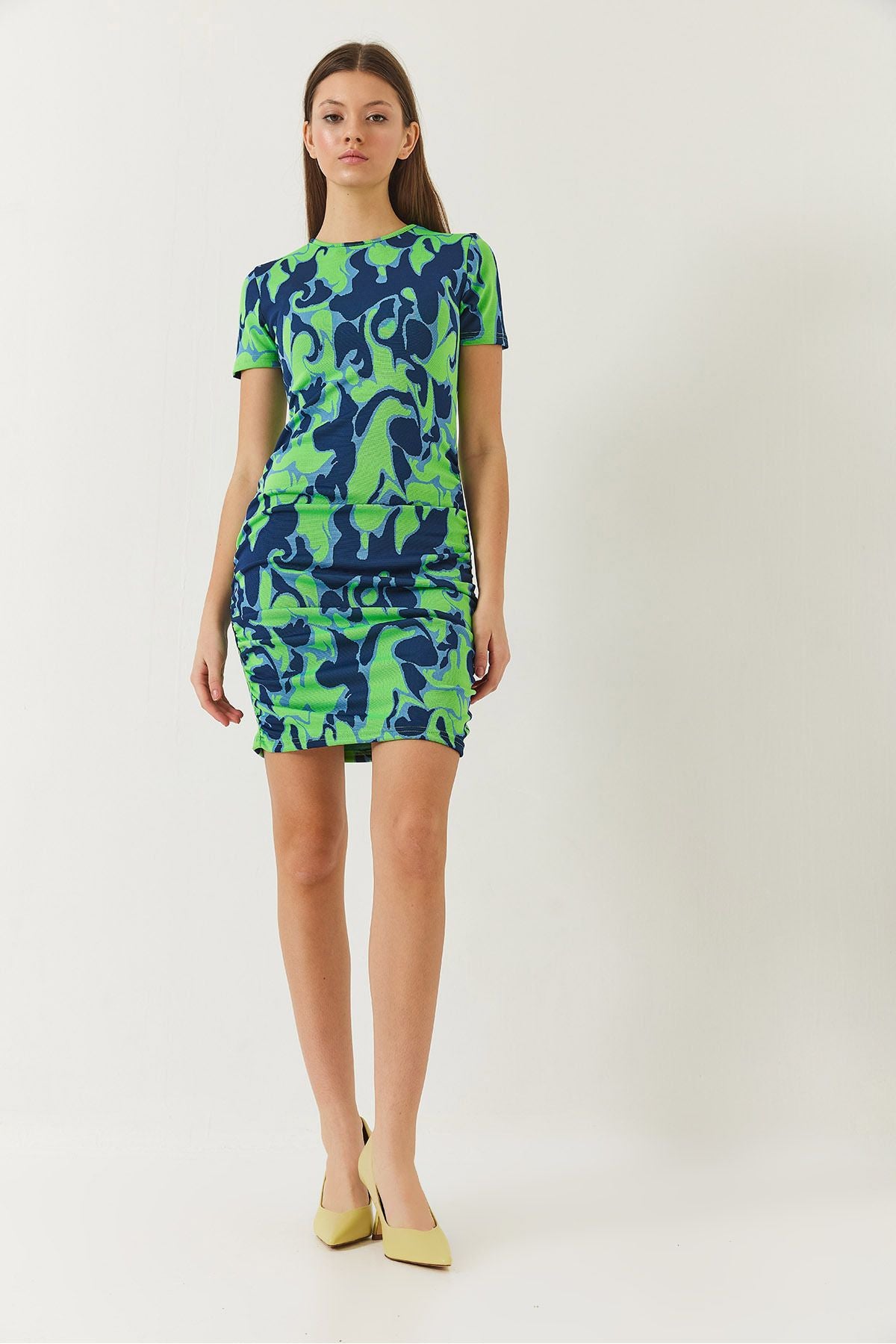 Women's Sides Shirring Detailed Short Sleeve Patterned Dress 60261385