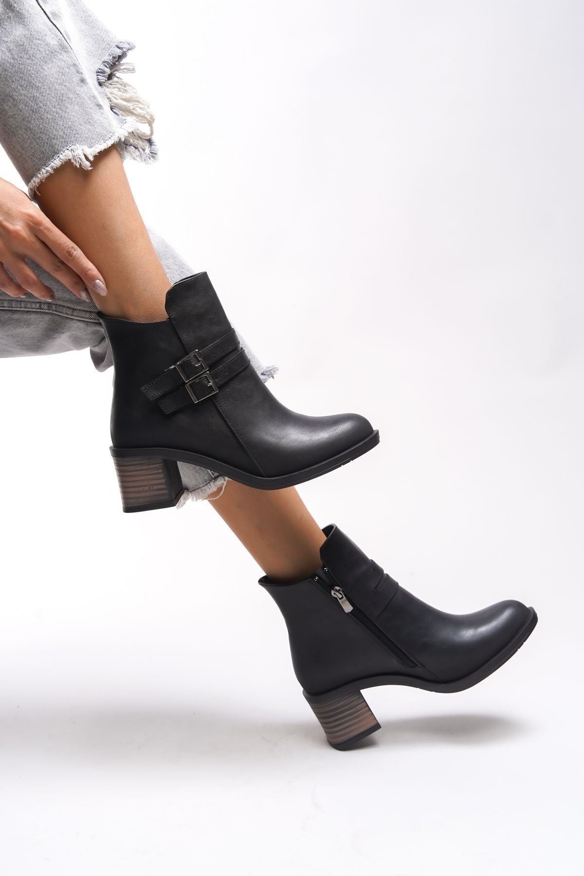 Khourzith female double buckle heels boat 0012502 black skin