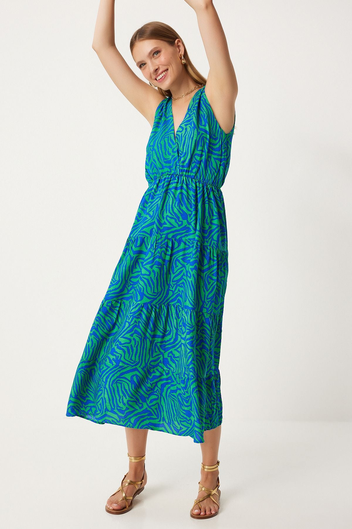 Female green blue pattern V -neck summer viscose dress CI00110