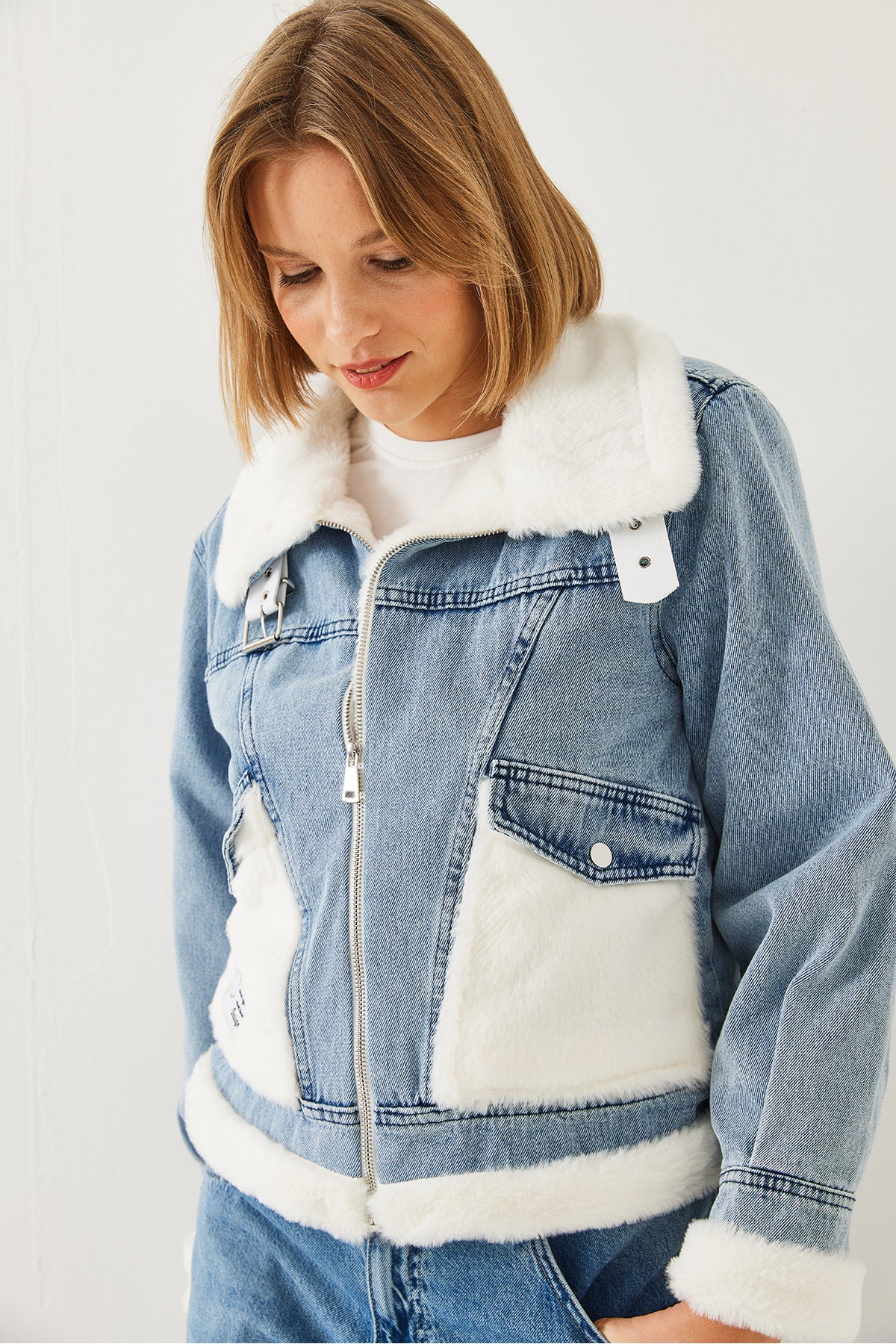 Women's Belt Detailed Furry Denim Coat 2438 60251947