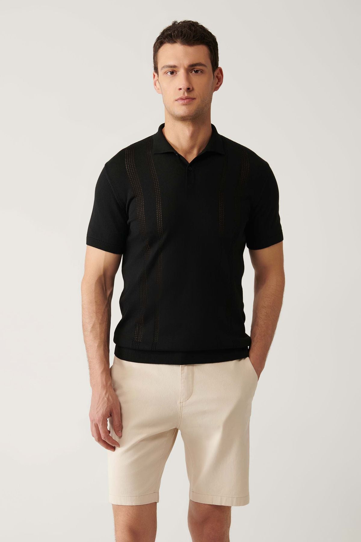 Men's Black 3 Button Output Polo Yaka Triko T-shirt A41y5096