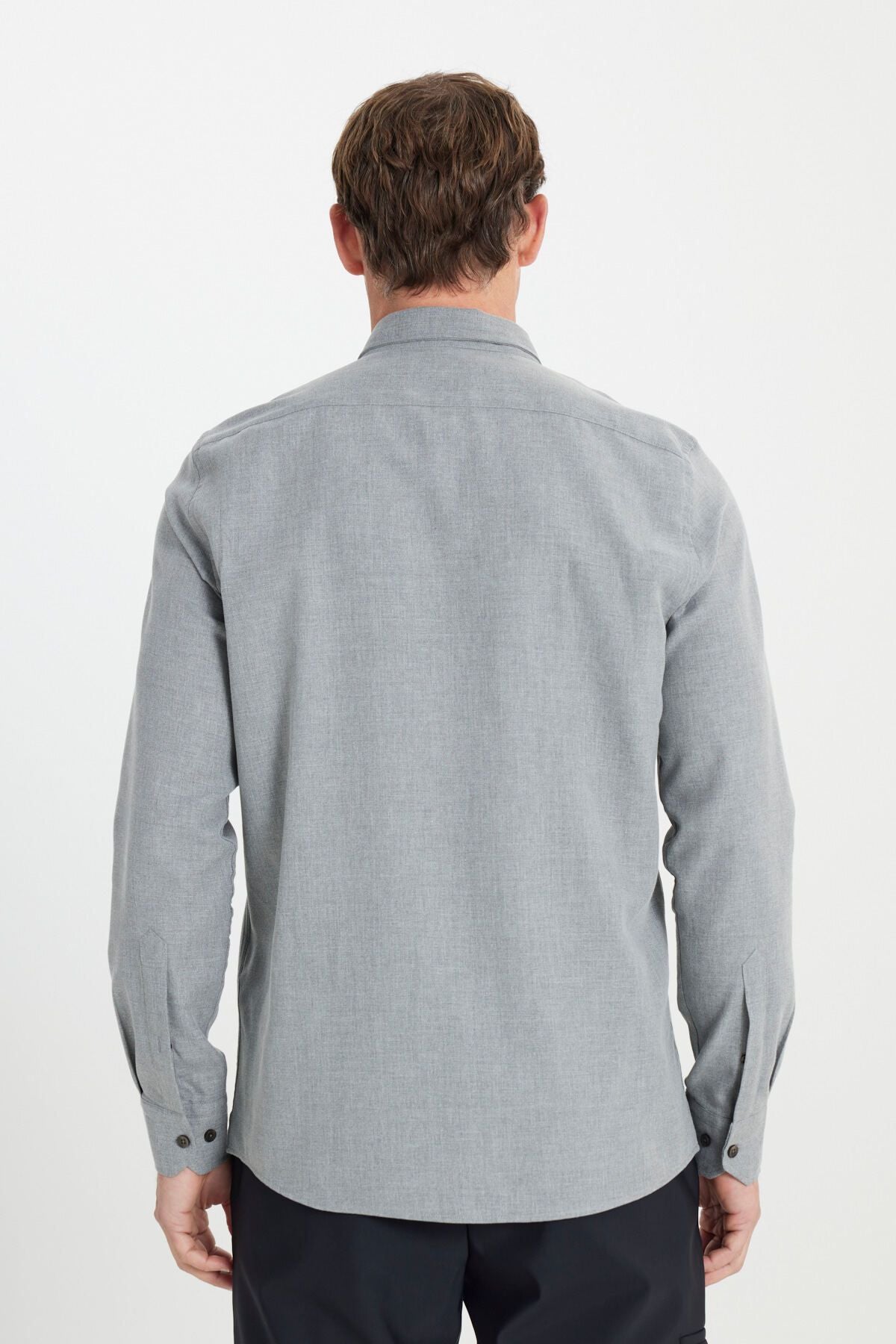 Men's light gray cotton flannel slim fit narrow cut buttoned button shirt
