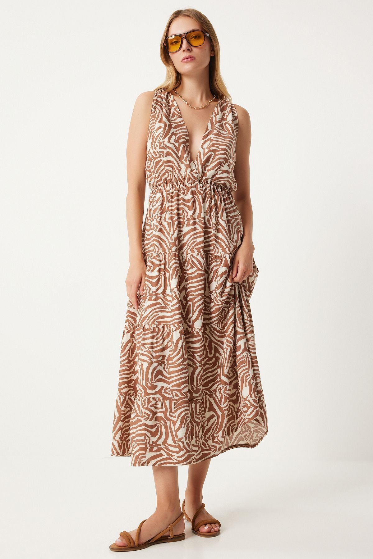 Women's Cream Brown Pattern V -neck Summer Viscose Dress CI00110
